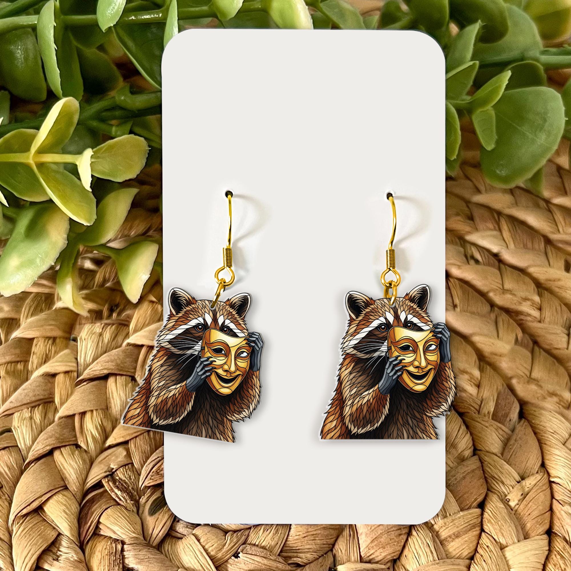Raccoon Theater Mask Earrings – Funny Drama Comedy Earrings – Mischief Meets Art Jewelry – Quirky Actor Gift – Drama Club Accessory