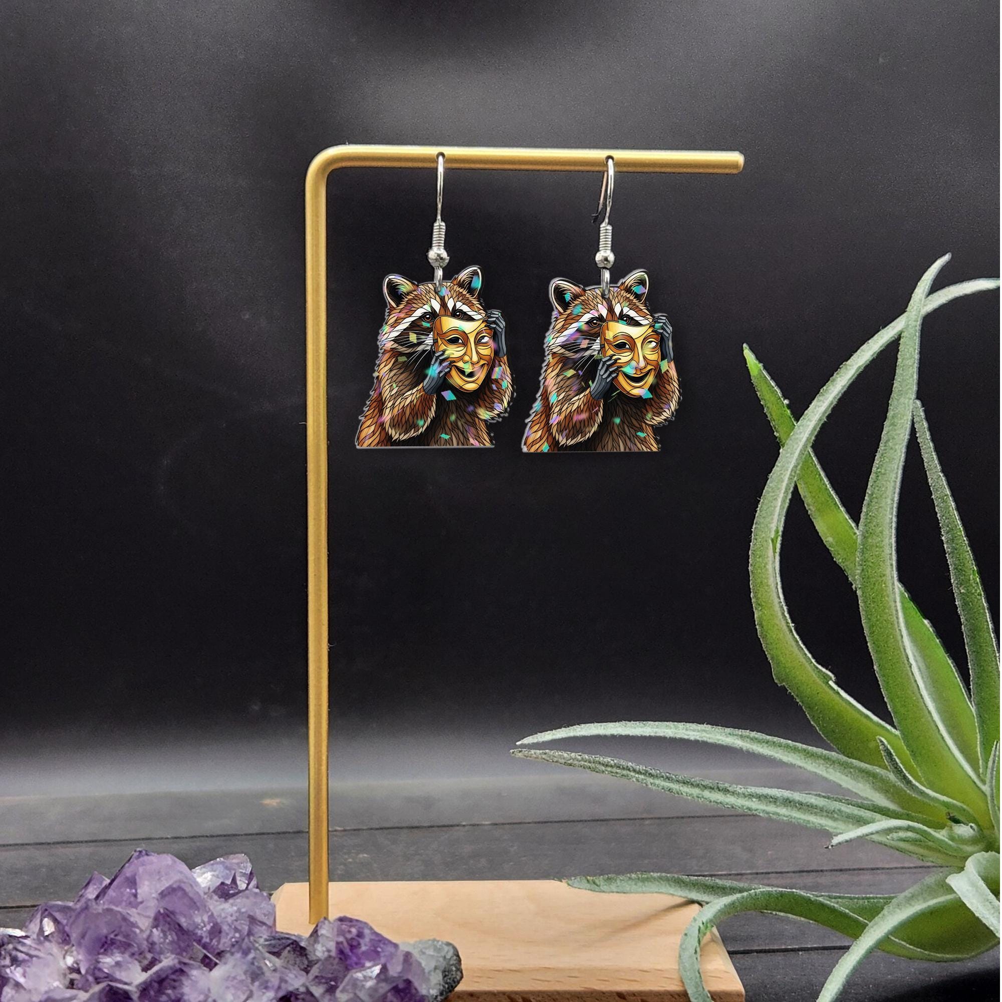Raccoon Theater Mask Earrings – Funny Drama Comedy Earrings – Mischief Meets Art Jewelry – Quirky Actor Gift – Drama Club Accessory