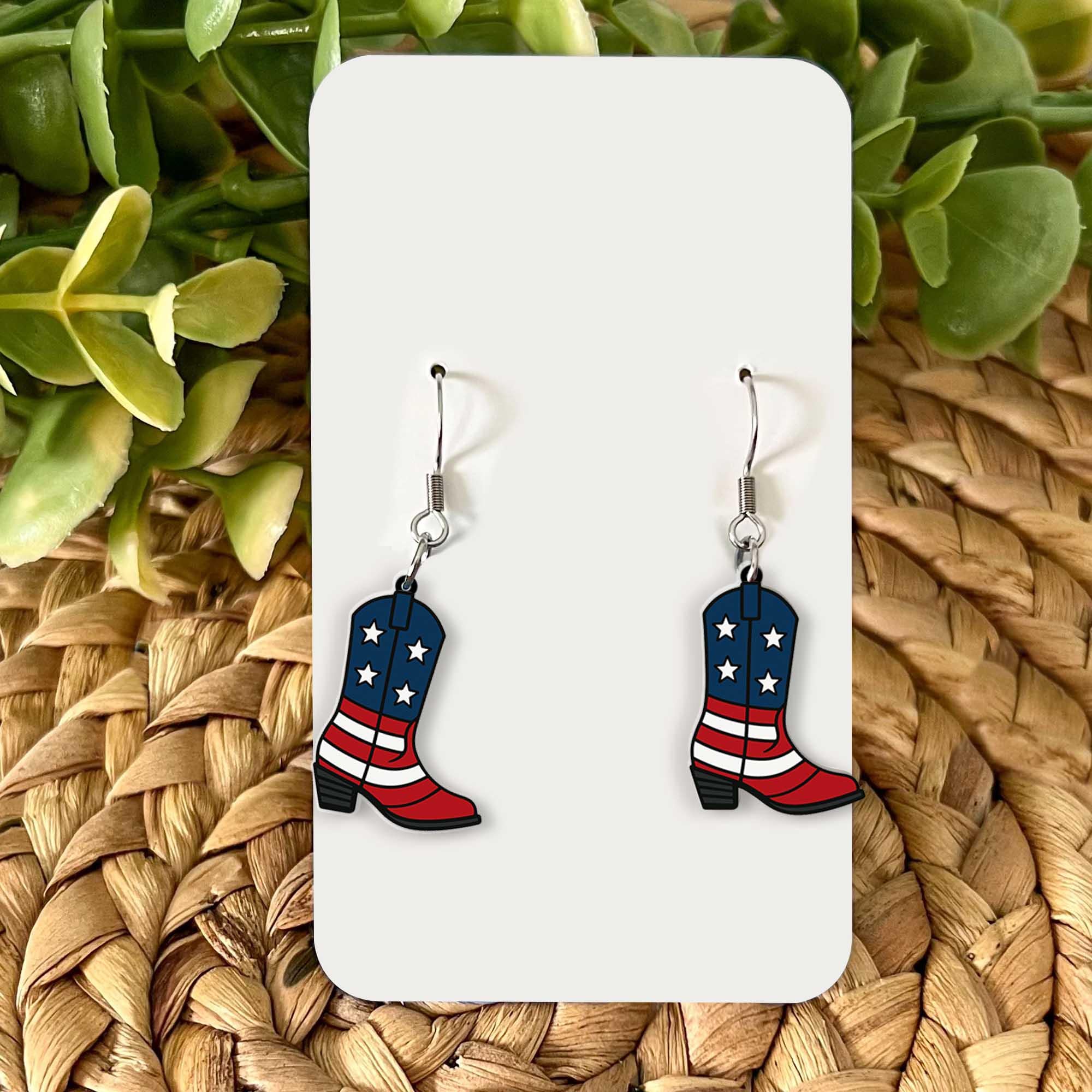 Patriotic Cowboy Boot Earrings, USA Western Jewelry, 4th of July Earrings, American Flag Boots, Country Girl Gift, Rodeo Style