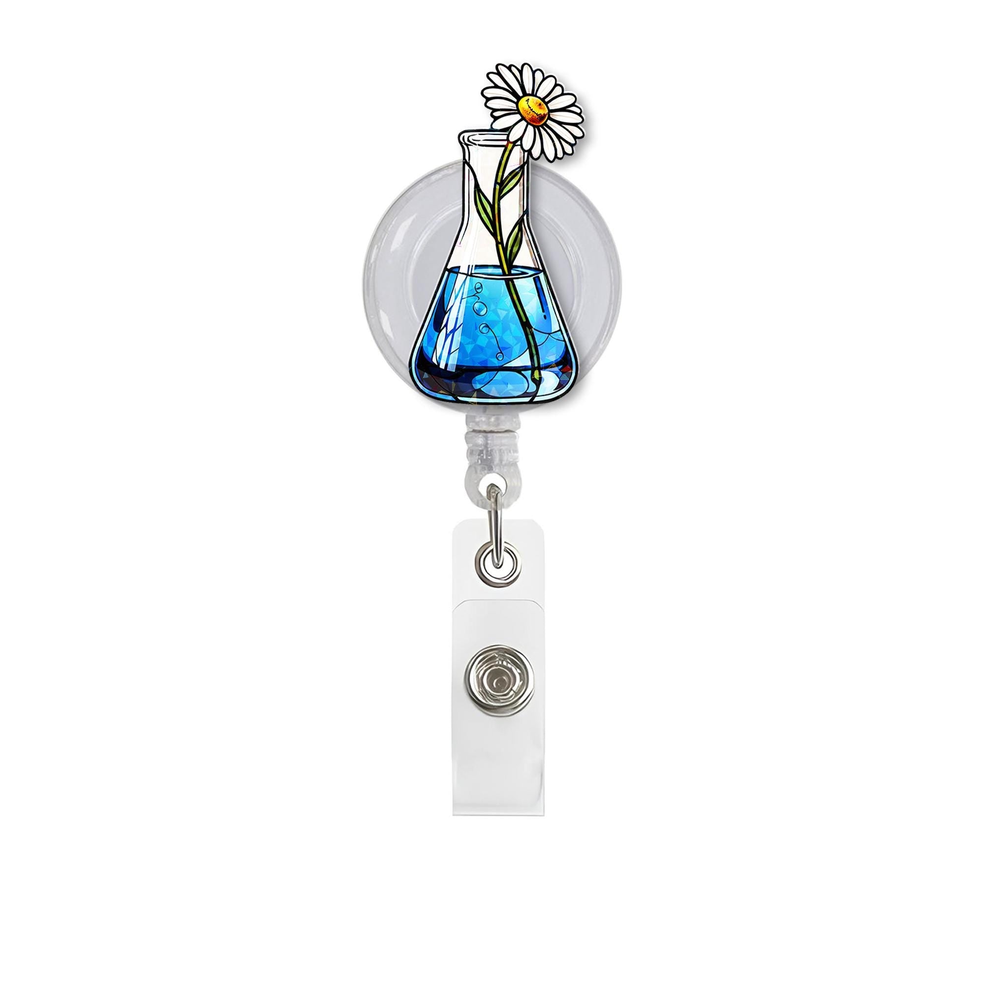 Science Beaker Badge Reel with Daisy | Cute Chemistry Lab ID Holder | Floral Science Teacher Gift | Retractable Clip for Nurses & Techs