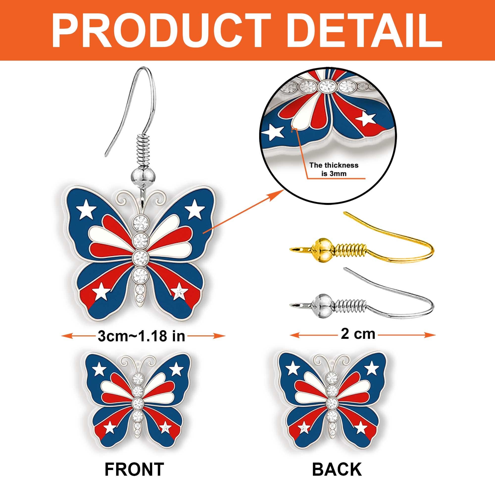 Patriotic Butterfly Earrings, USA Flag Jewelry, Red White Blue Earrings, 4th of July Gift, American Pride Accessory, Summer Style