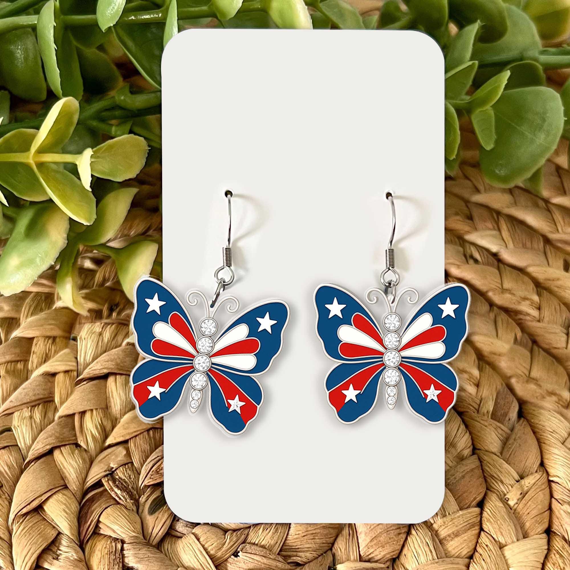 Patriotic Butterfly Earrings, USA Flag Jewelry, Red White Blue Earrings, 4th of July Gift, American Pride Accessory, Summer Style