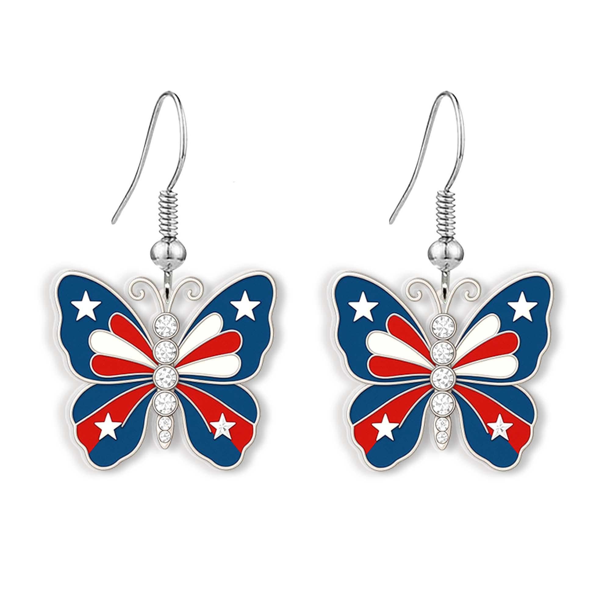 Patriotic Butterfly Earrings, USA Flag Jewelry, Red White Blue Earrings, 4th of July Gift, American Pride Accessory, Summer Style