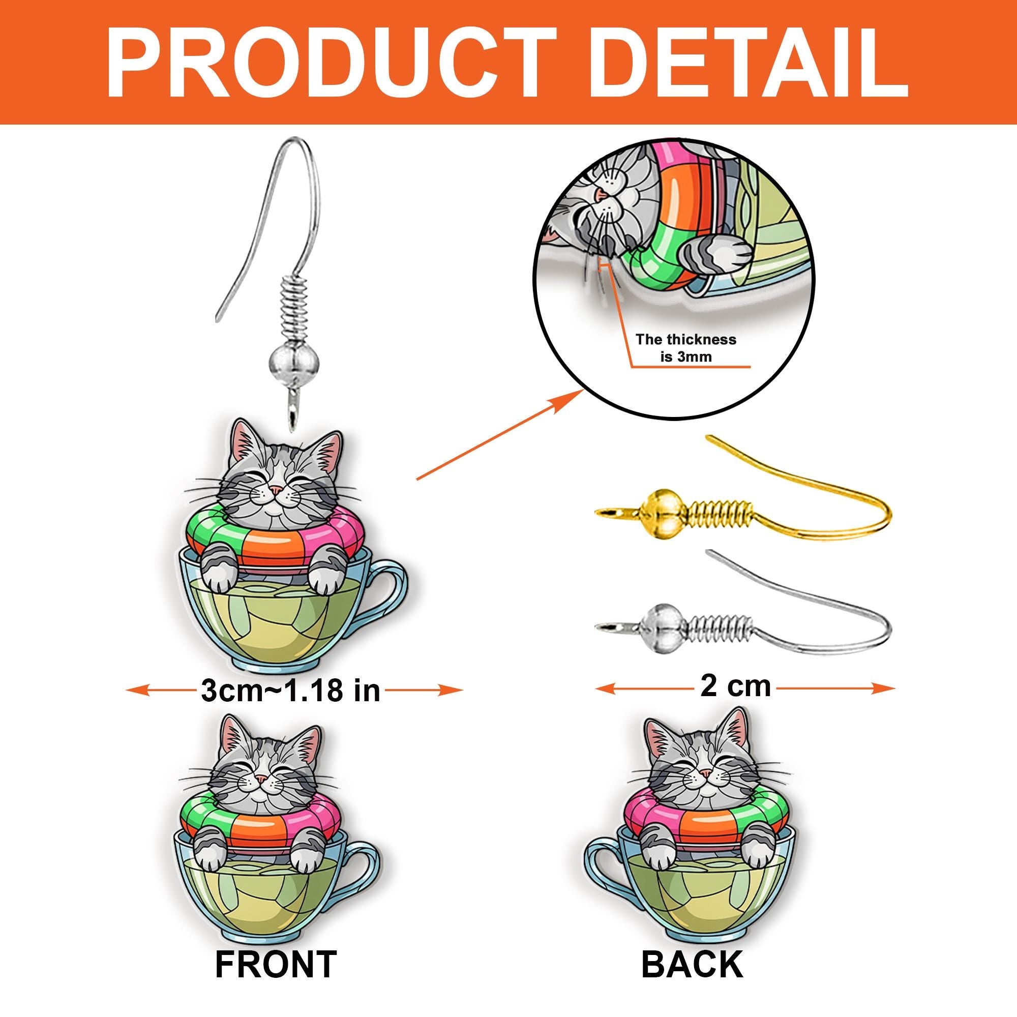 Cat in Teacup Earrings – Cute Kitty Summer Float Dangle Jewelry – Funny Cat Lover Gift – Whimsical Tea Time Accessory