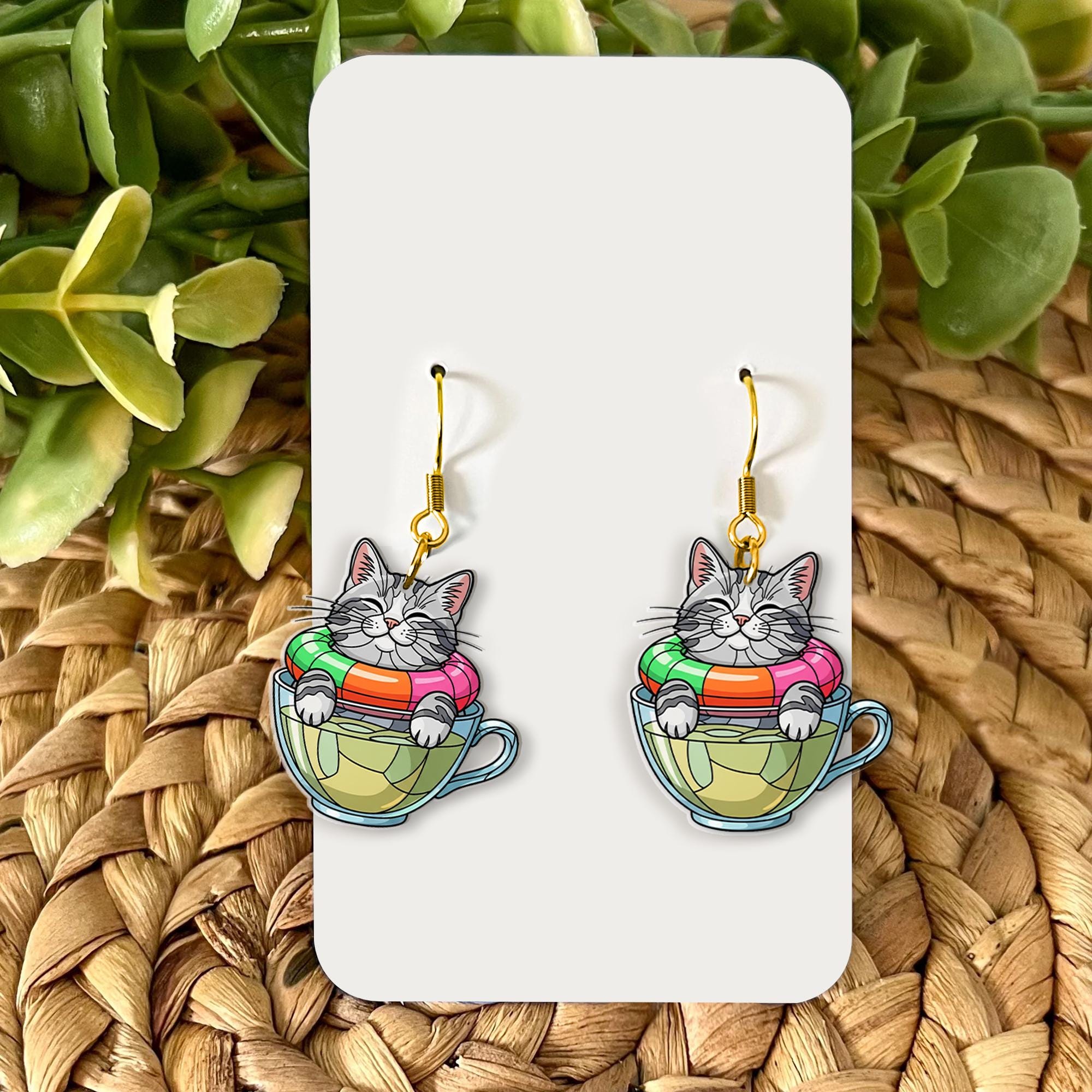 Cat in Teacup Earrings – Cute Kitty Summer Float Dangle Jewelry – Funny Cat Lover Gift – Whimsical Tea Time Accessory