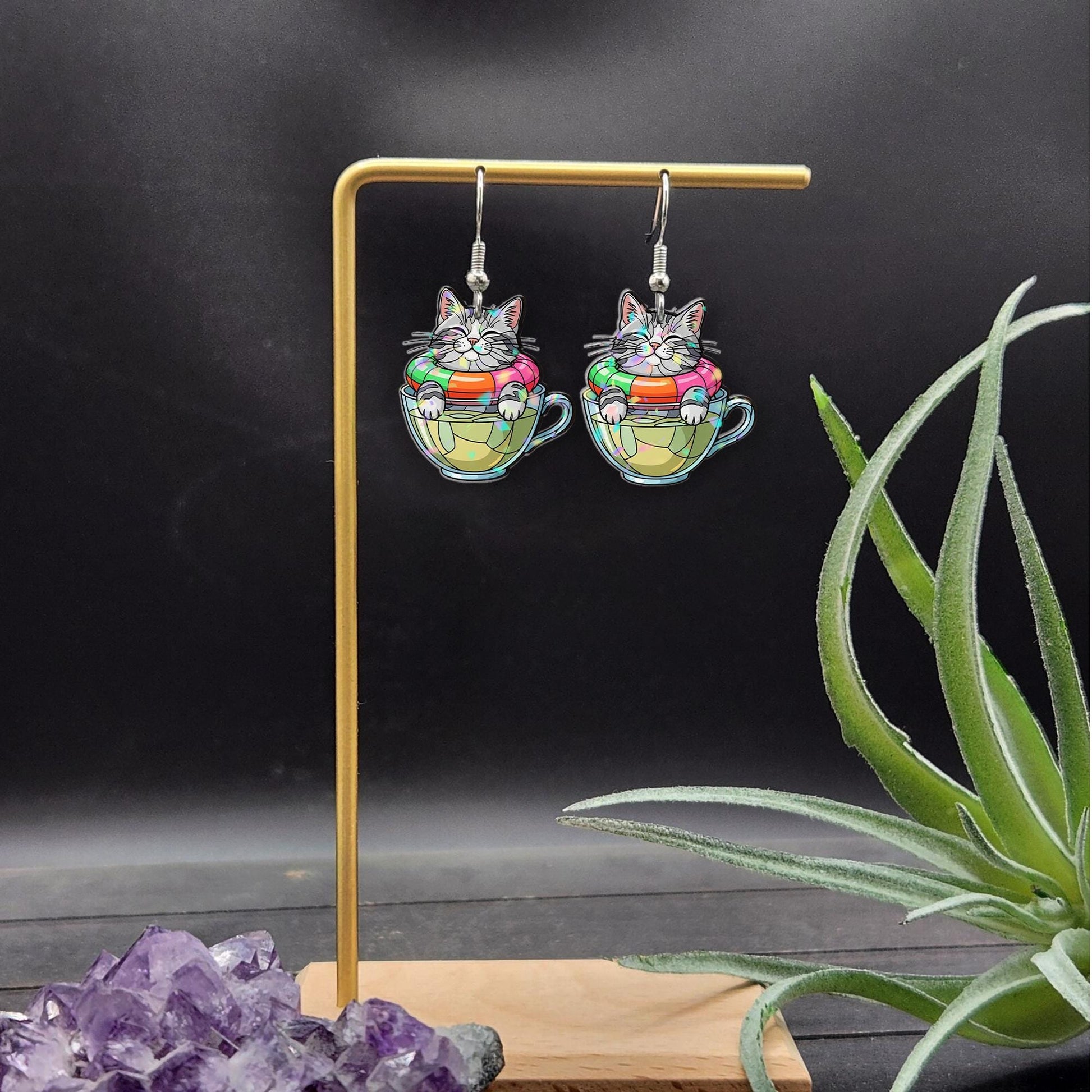 Cat in Teacup Earrings – Cute Kitty Summer Float Dangle Jewelry – Funny Cat Lover Gift – Whimsical Tea Time Accessory