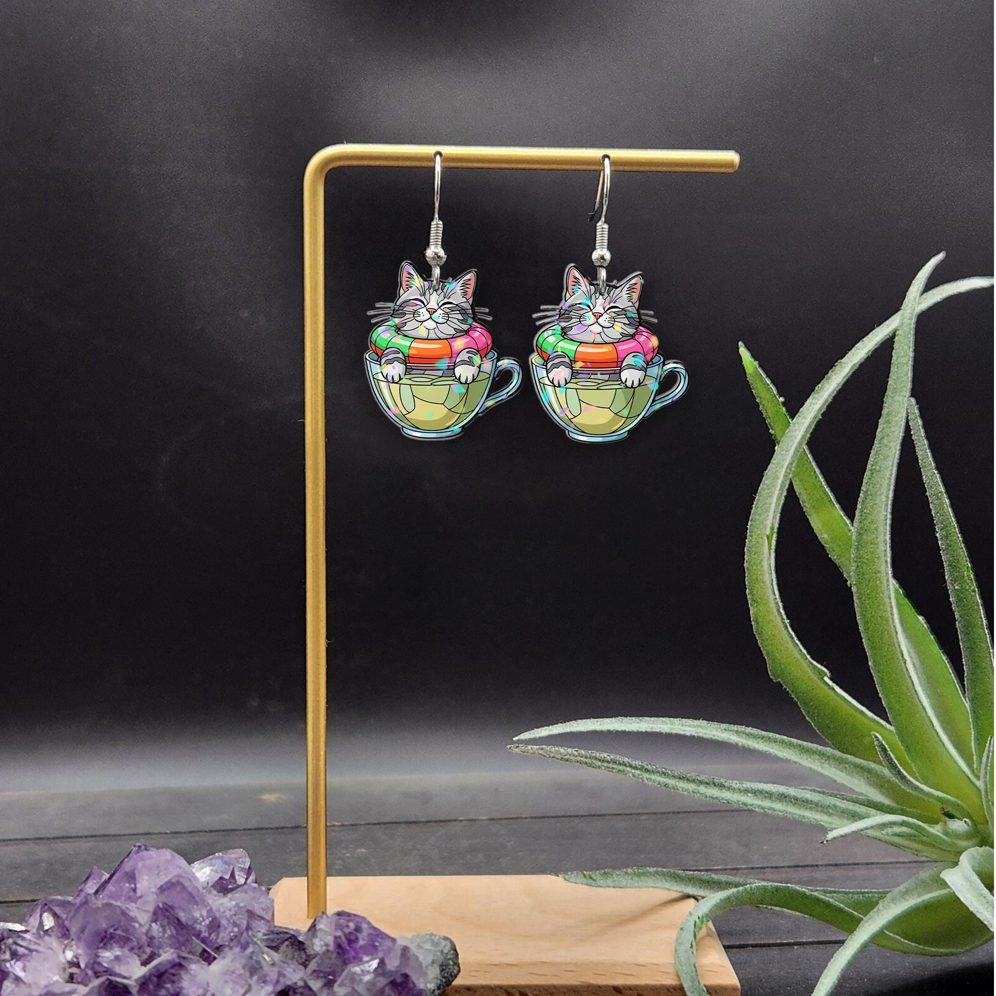 Cat in Teacup Earrings – Cute Kitty Summer Float Dangle Jewelry – Funny Cat Lover Gift – Whimsical Tea Time Accessory