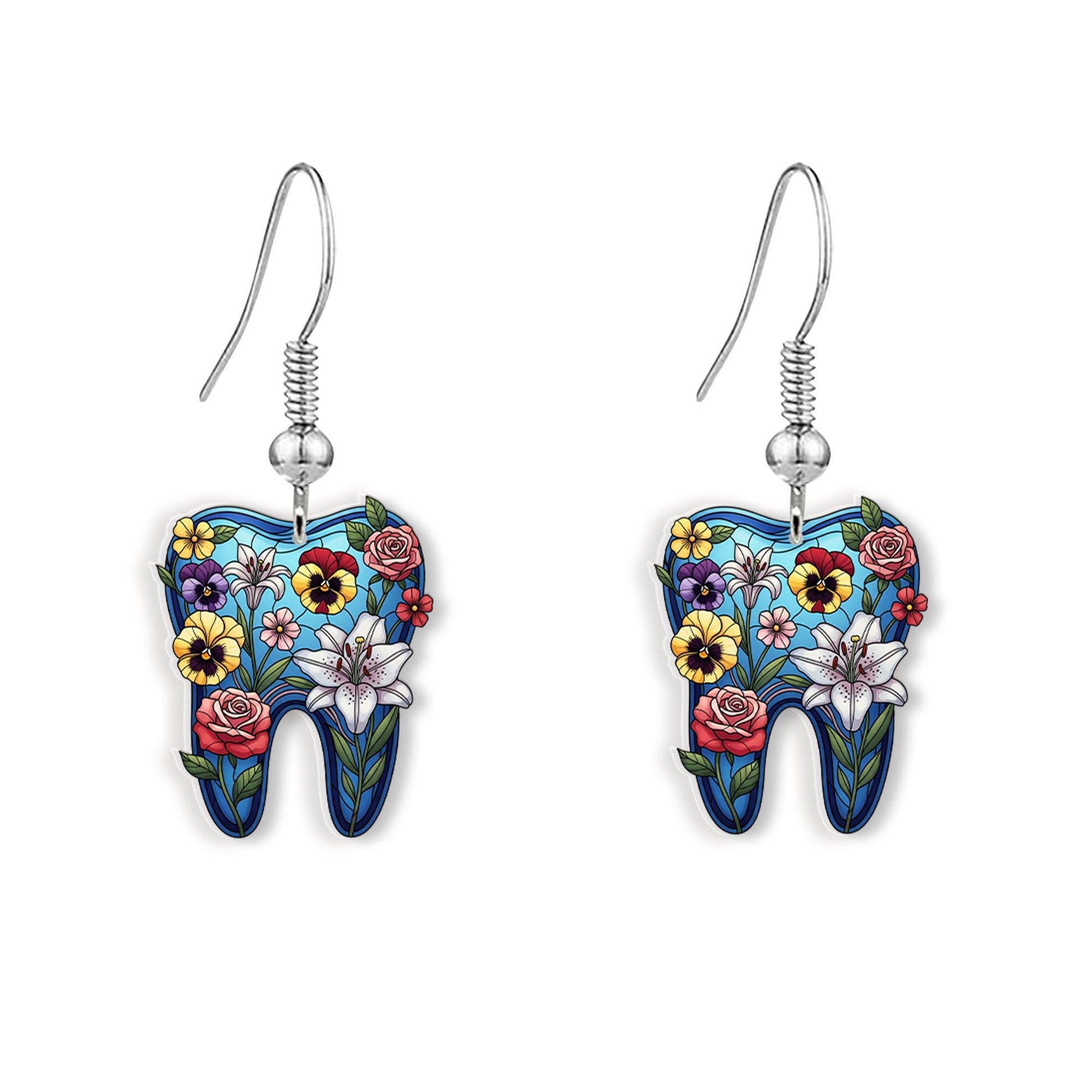 Floral Tooth Earrings – Cute Dentist Gift Jewelry – Tooth-Shaped Dangle Earrings with Flowers – Hygienist Dental Assistant Gift