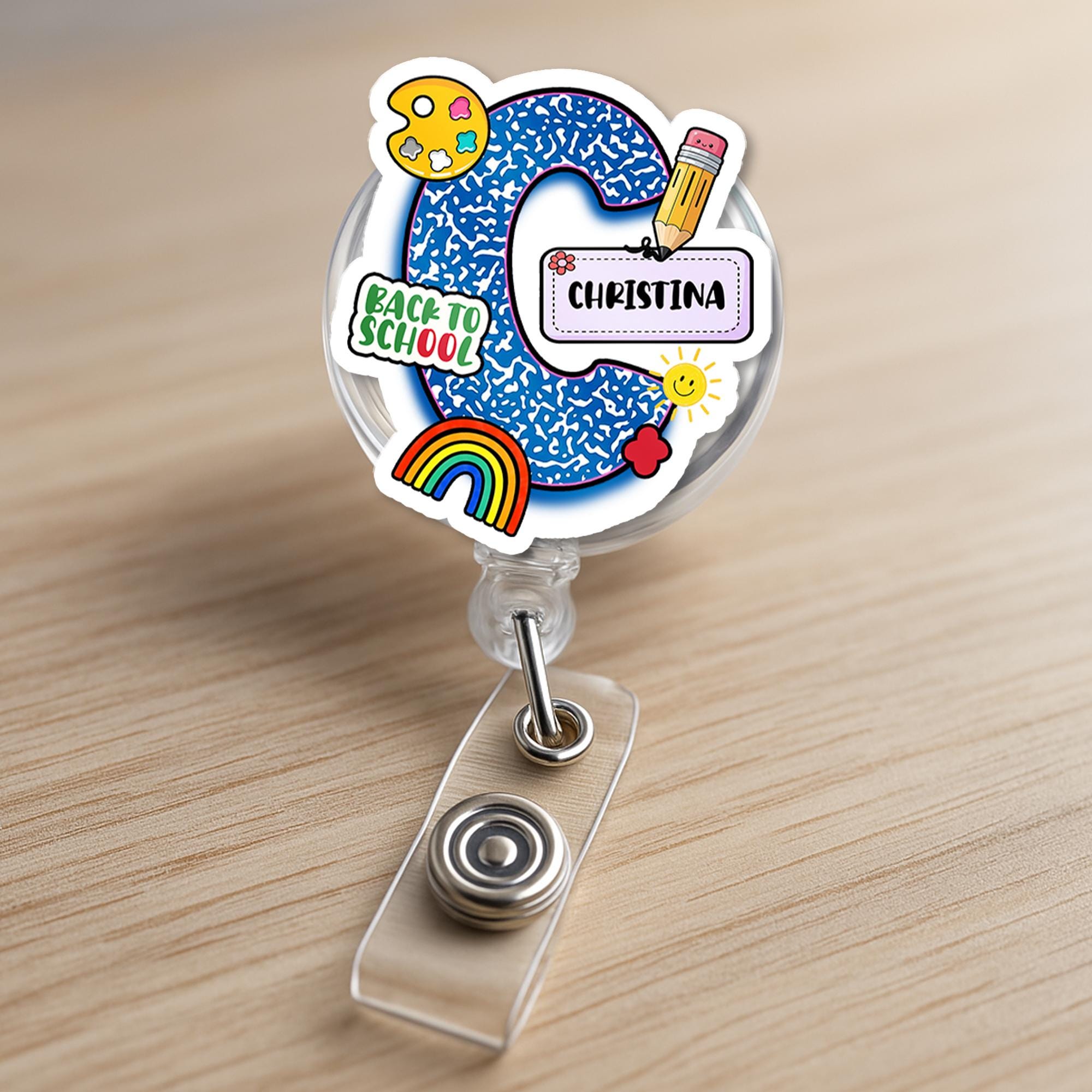 Personalized Initial Badge Reel – Back to School Name ID Holder with Composition Notebook Pattern, Rainbow & Pencil Teacher Gift, Educators