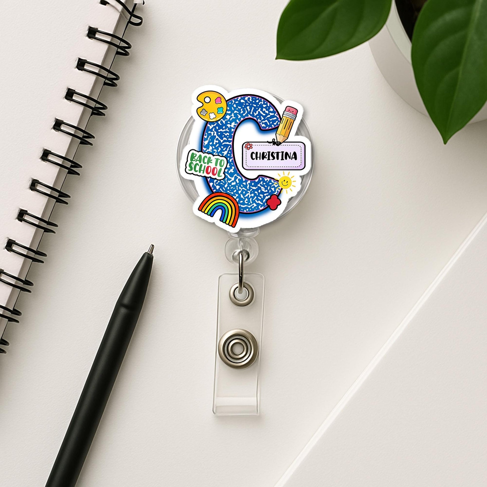 Personalized Initial Badge Reel – Back to School Name ID Holder with Composition Notebook Pattern, Rainbow & Pencil Teacher Gift, Educators