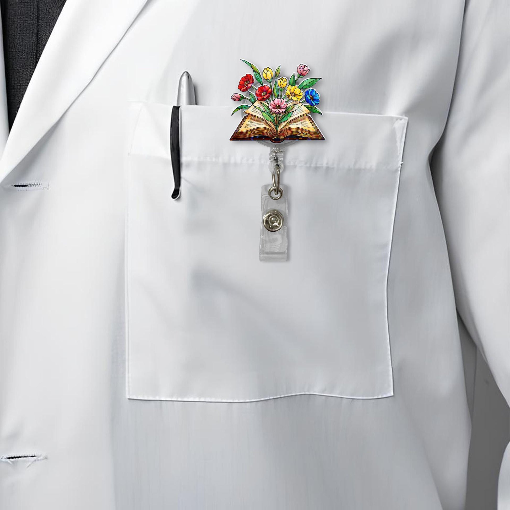 Floral Book Badge Reel | Colorful Flower Book ID Holder for Teachers, Librarians, Book Lovers | Retractable Clip for Work or School