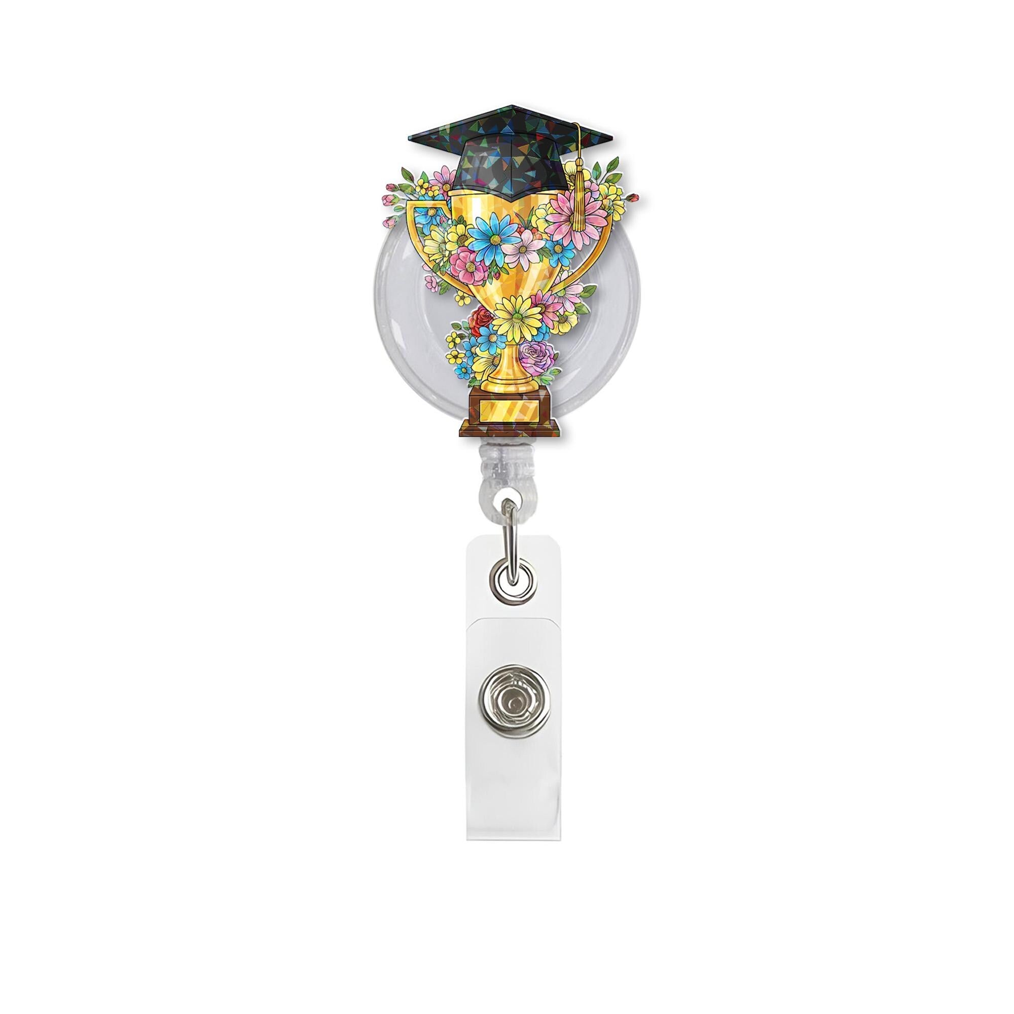 Graduation Trophy Badge Reel – Teacher or Grad ID Holder – Floral Cap Clip – End of Year Gift – Academic Award Lanyard