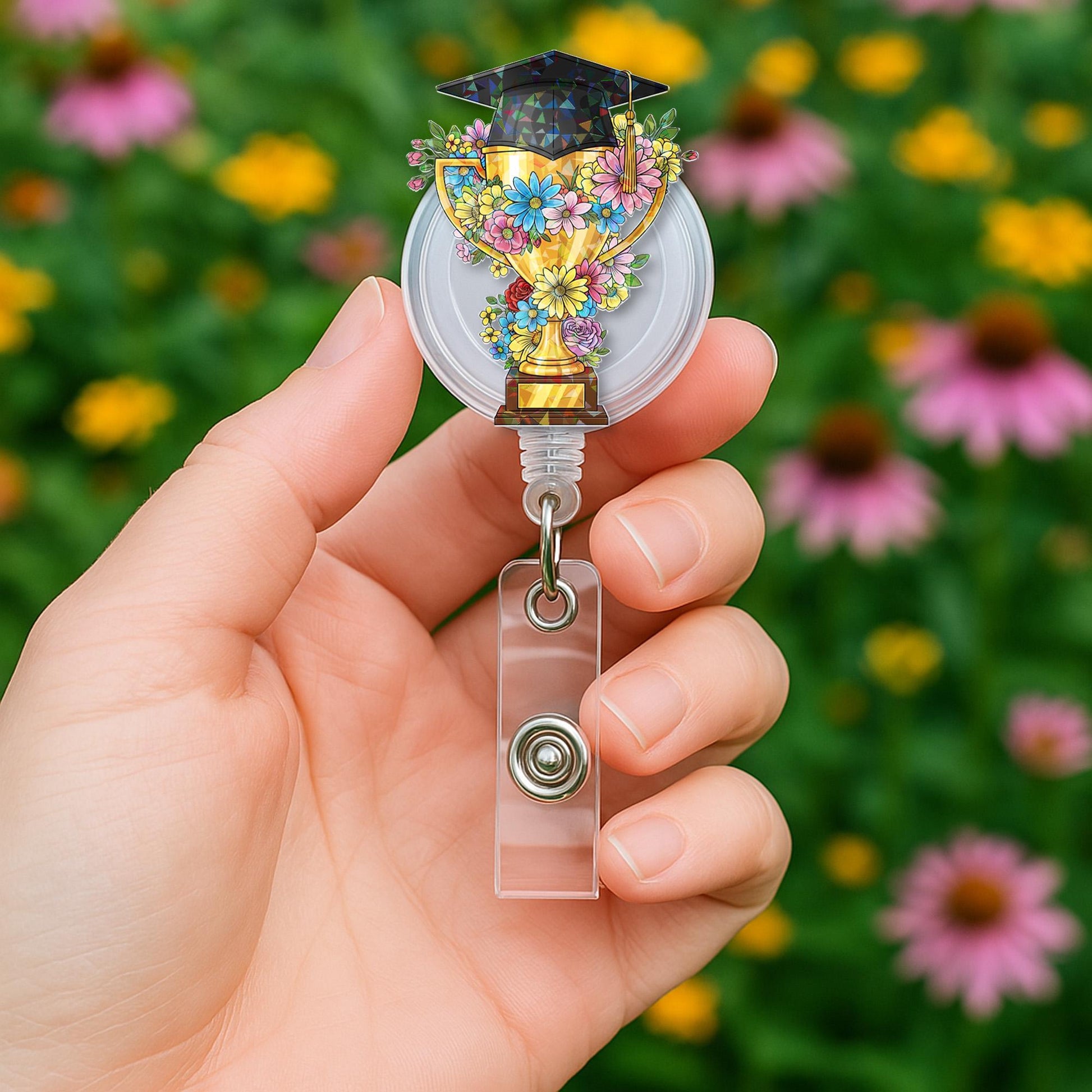 Graduation Trophy Badge Reel – Teacher or Grad ID Holder – Floral Cap Clip – End of Year Gift – Academic Award Lanyard