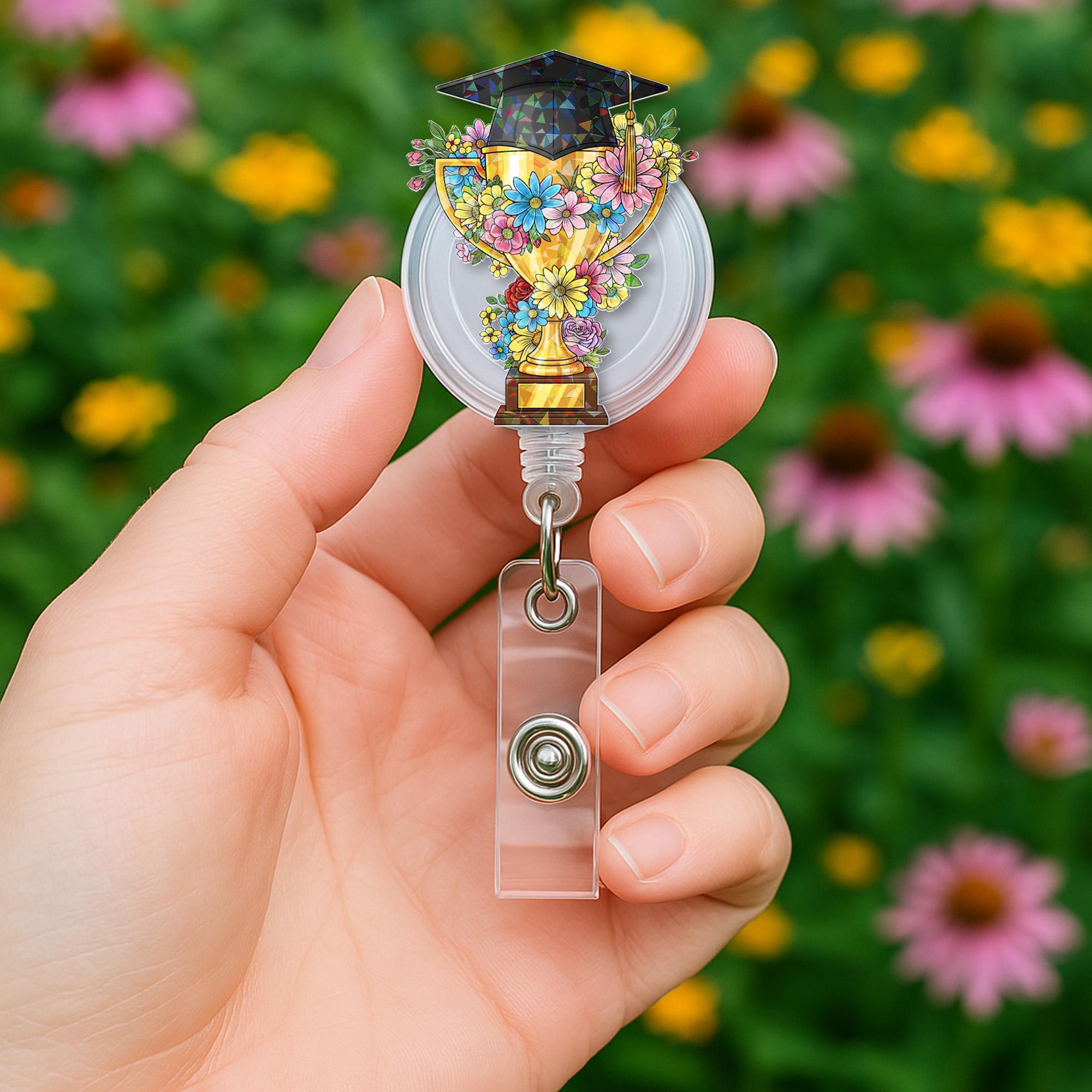 Graduation Trophy Badge Reel – Teacher or Grad ID Holder – Floral Cap Clip – End of Year Gift – Academic Award Lanyard