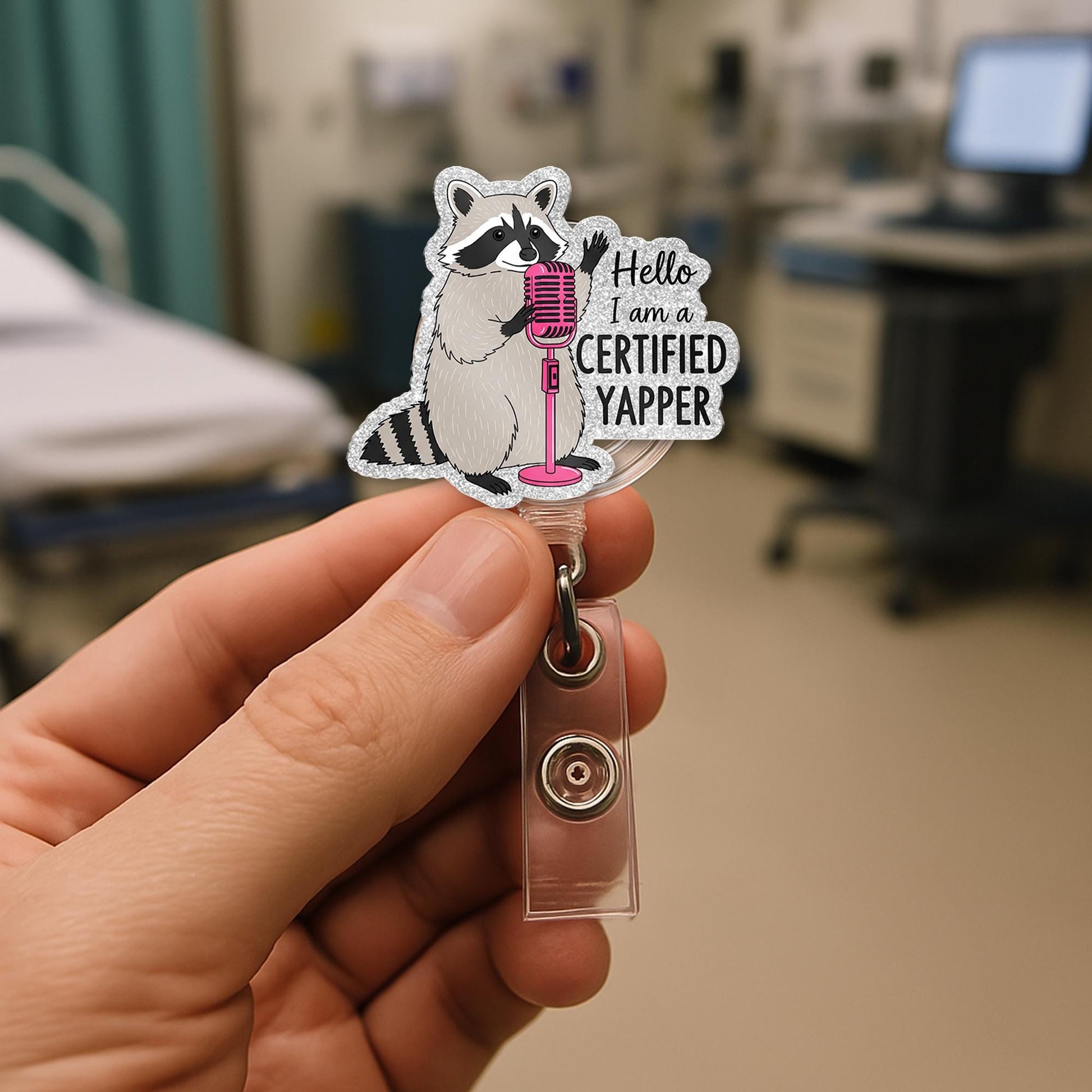 Certified Yapper Raccoon Badge Reel – Funny Retractable ID Holder for Talkative Nurses, Teachers, Office Staff – Cute Clip Accessory