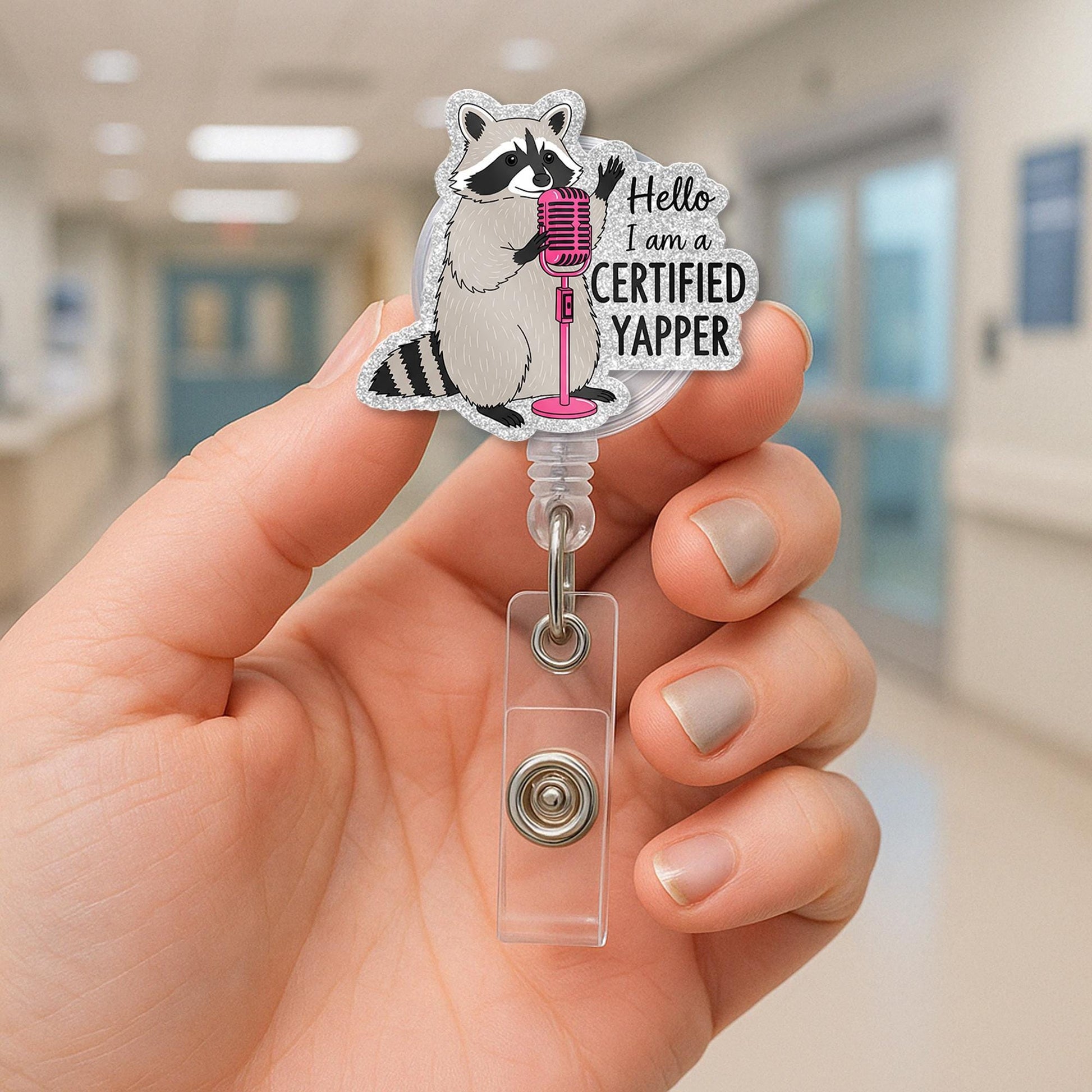 Certified Yapper Raccoon Badge Reel – Funny Retractable ID Holder for Talkative Nurses, Teachers, Office Staff – Cute Clip Accessory