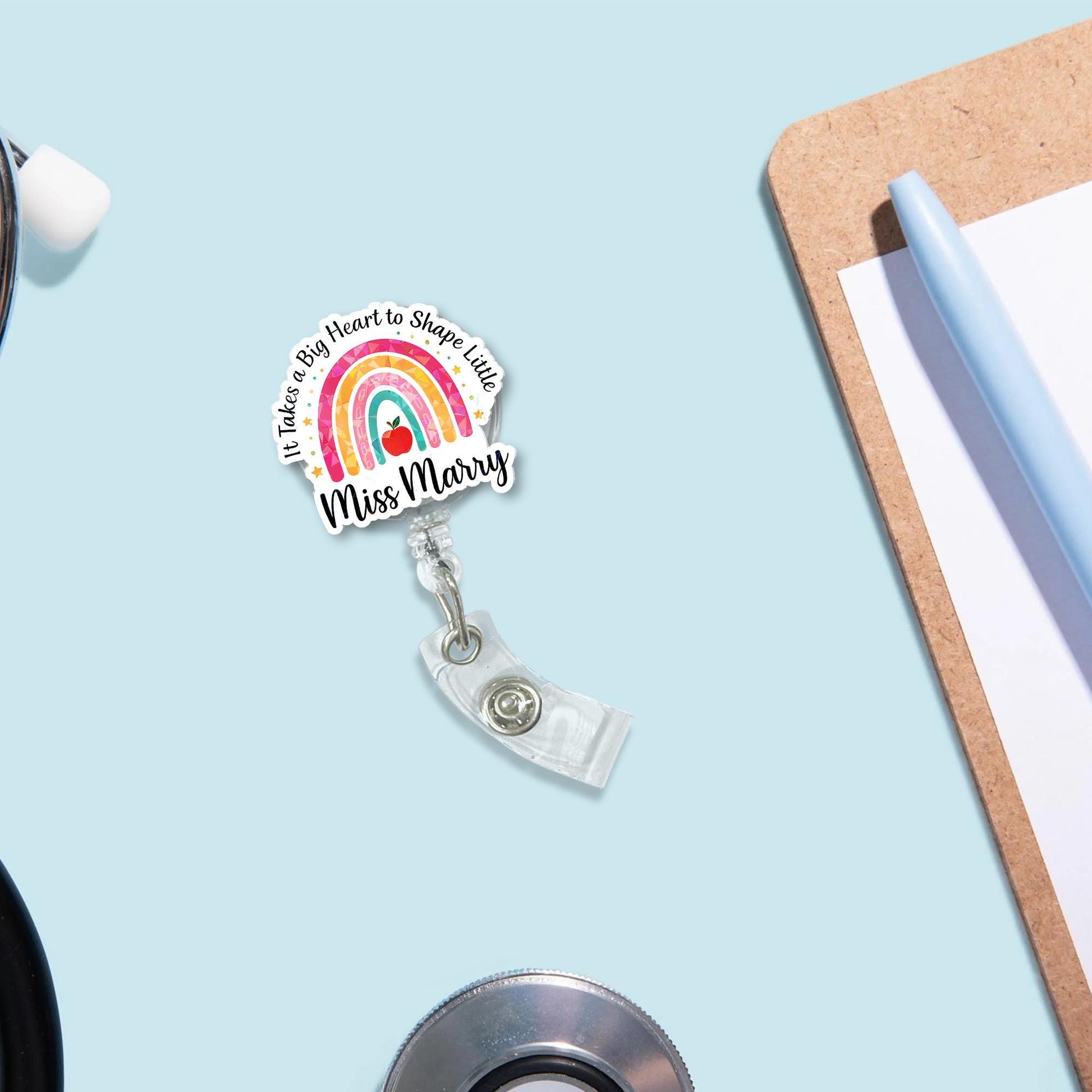 Rainbow Teacher Badge Reel – Personalized Name ID Holder – Big Heart Little Minds Clip – Cute Preschool Teacher Gift