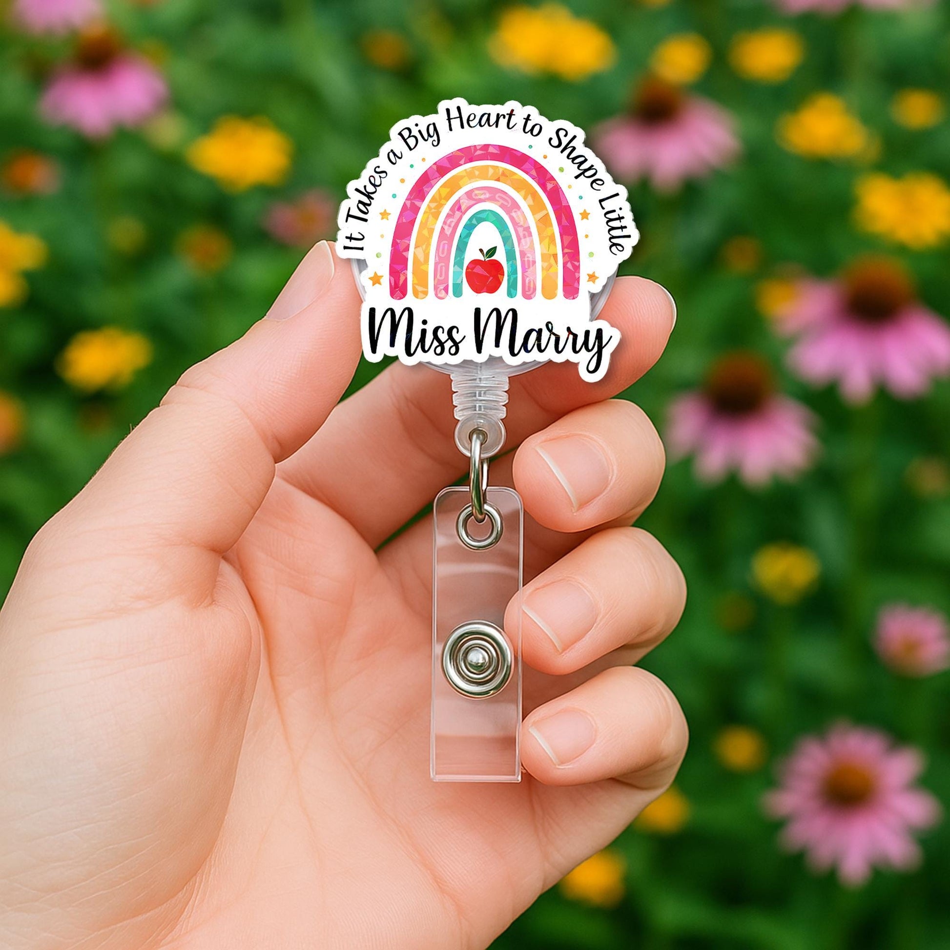 Rainbow Teacher Badge Reel – Personalized Name ID Holder – Big Heart Little Minds Clip – Cute Preschool Teacher Gift