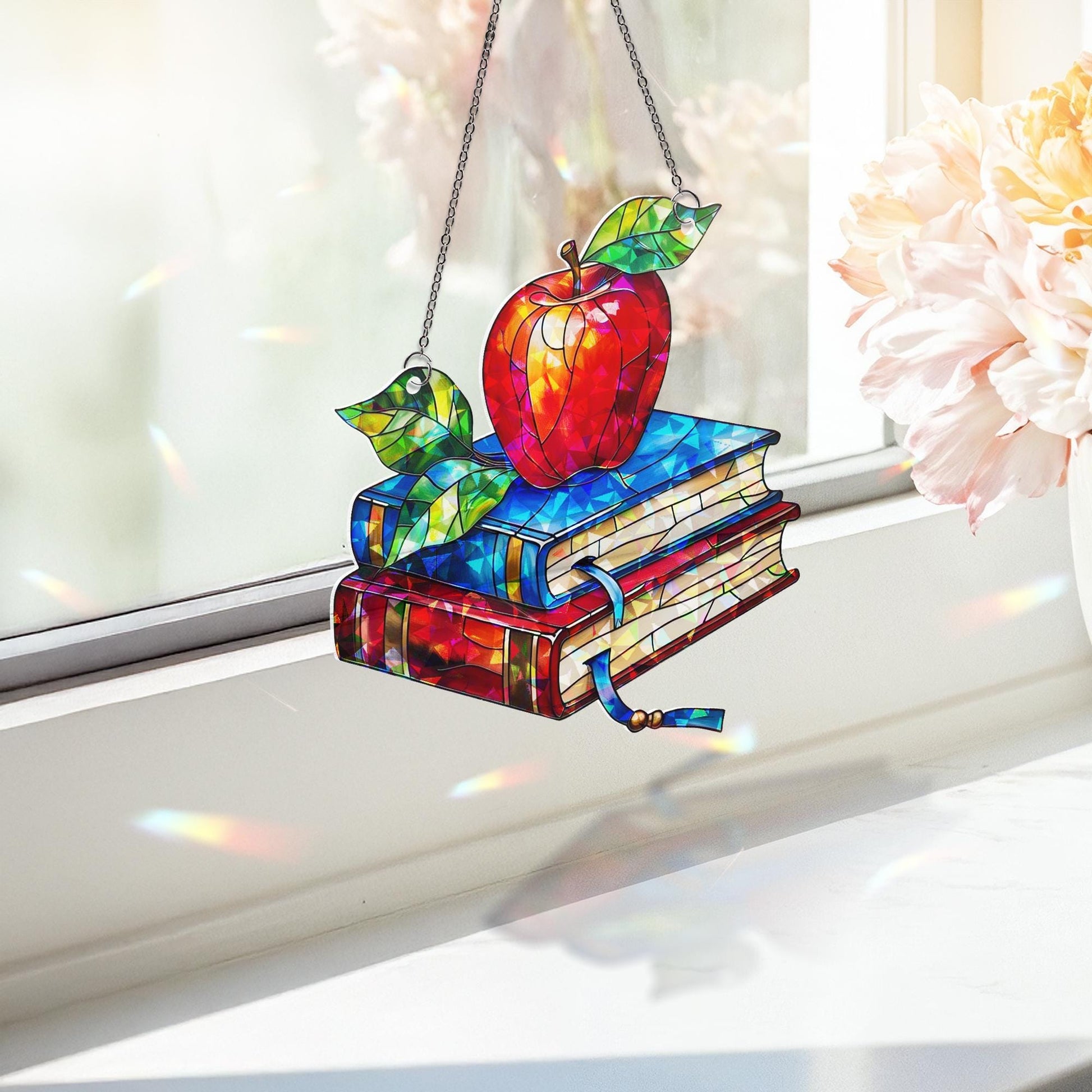 Apple Book Acrylic Window Hanging | Back to School Teacher Gift | Classroom Hanging Decor, Back to School Decor