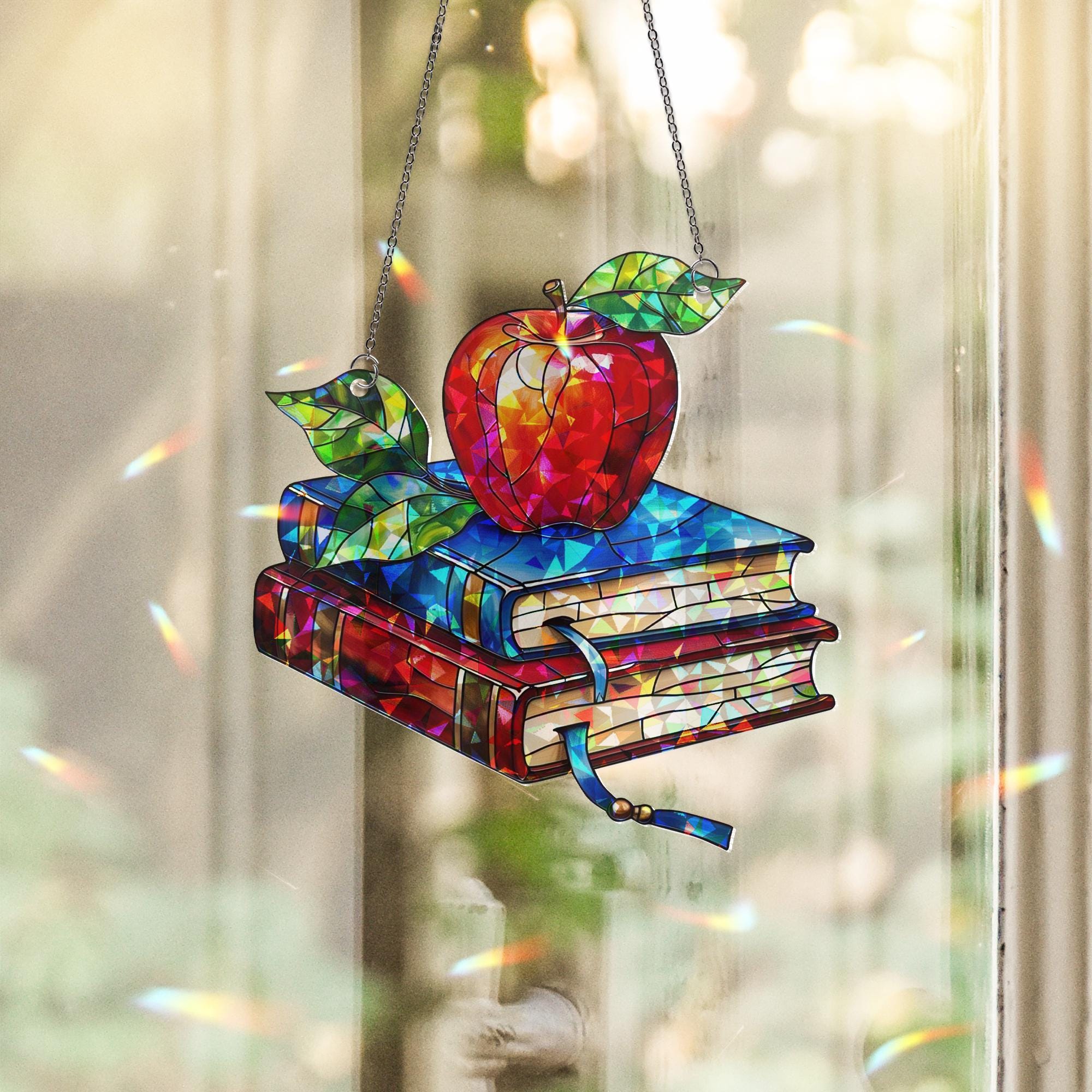 Apple Book Acrylic Window Hanging | Back to School Teacher Gift | Classroom Hanging Decor, Back to School Decor