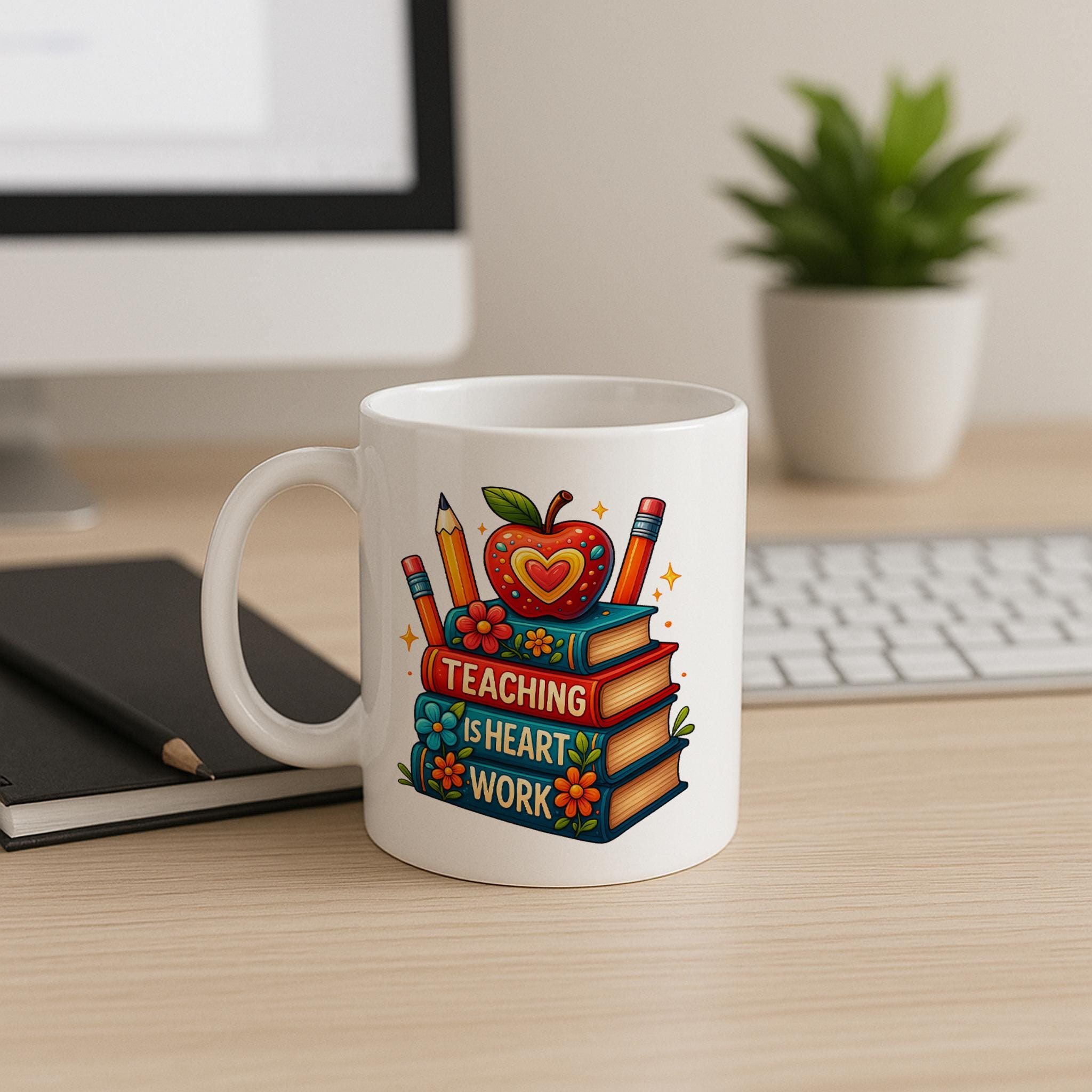 Teaching Is Heart Work Mug – Teacher Appreciation Gift – Colorful Apple Book Mug – Coffee Cup for Educators & School Staff