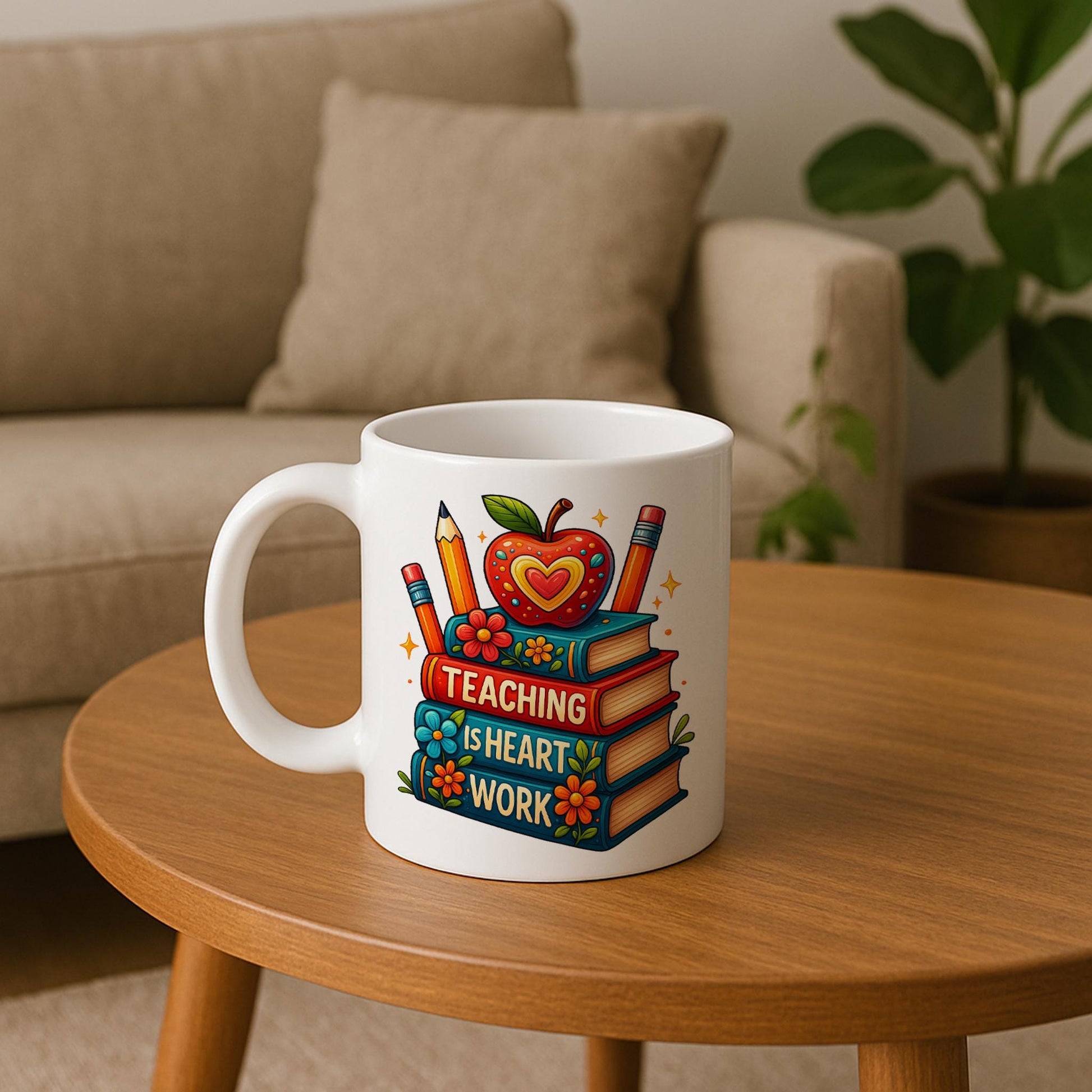 Teaching Is Heart Work Mug – Teacher Appreciation Gift – Colorful Apple Book Mug – Coffee Cup for Educators & School Staff