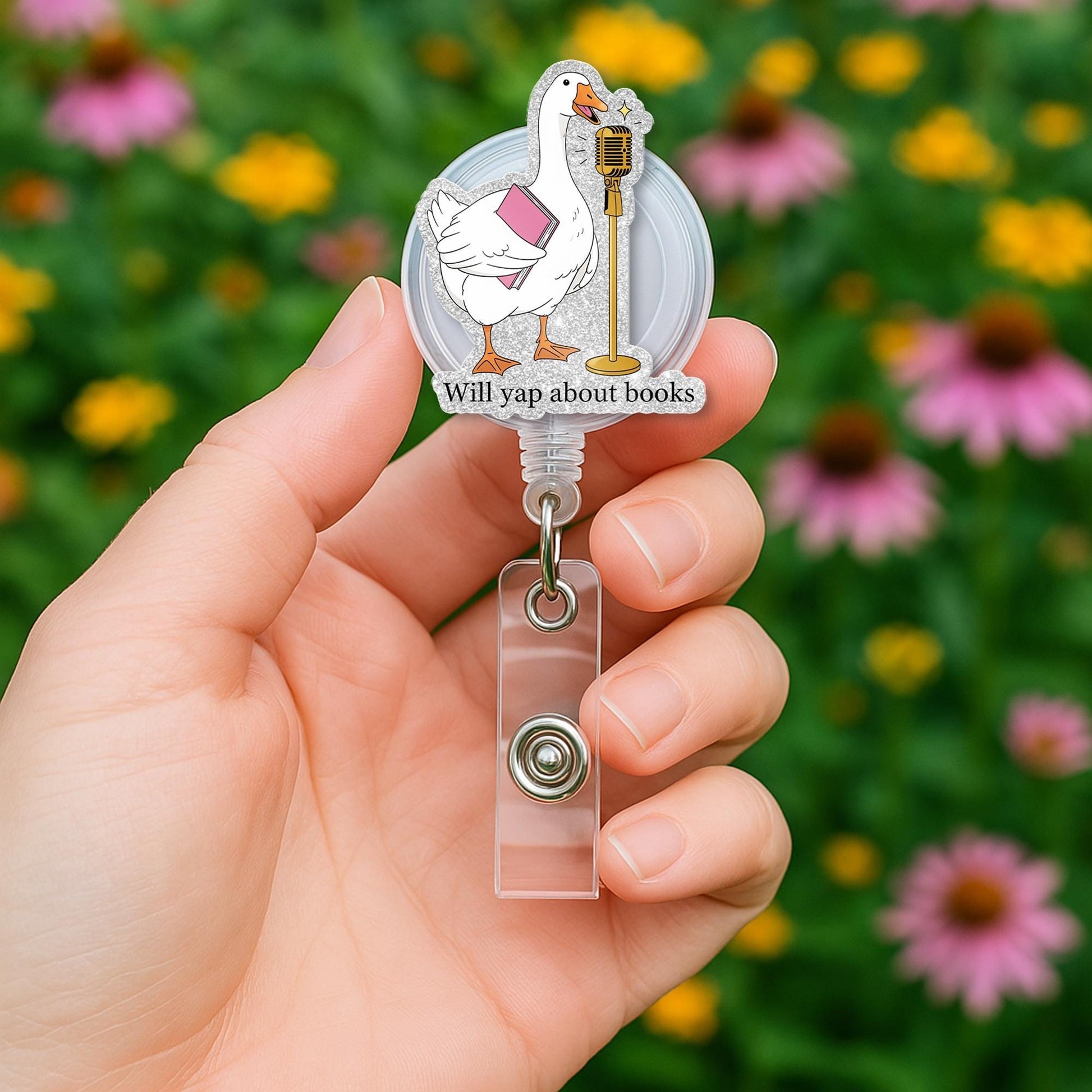 Will Yap About Books Goose Badge Reel – Funny Librarian Bookish ID Clip – Cute Retractable Badge Holder for Teachers & Readers