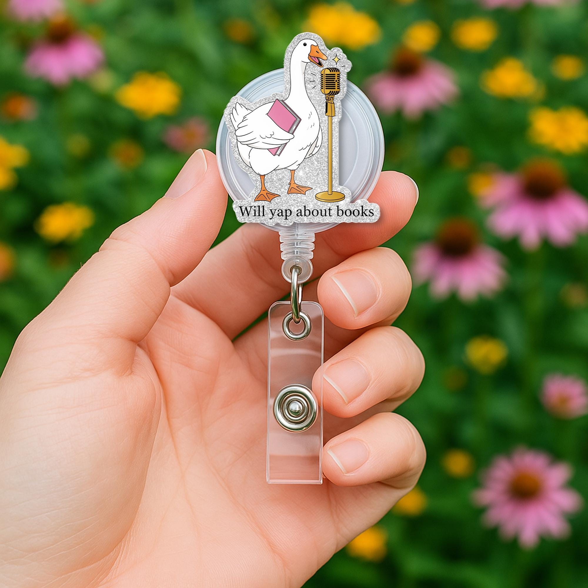 Will Yap About Books Goose Badge Reel – Funny Librarian Bookish ID Clip – Cute Retractable Badge Holder for Teachers & Readers