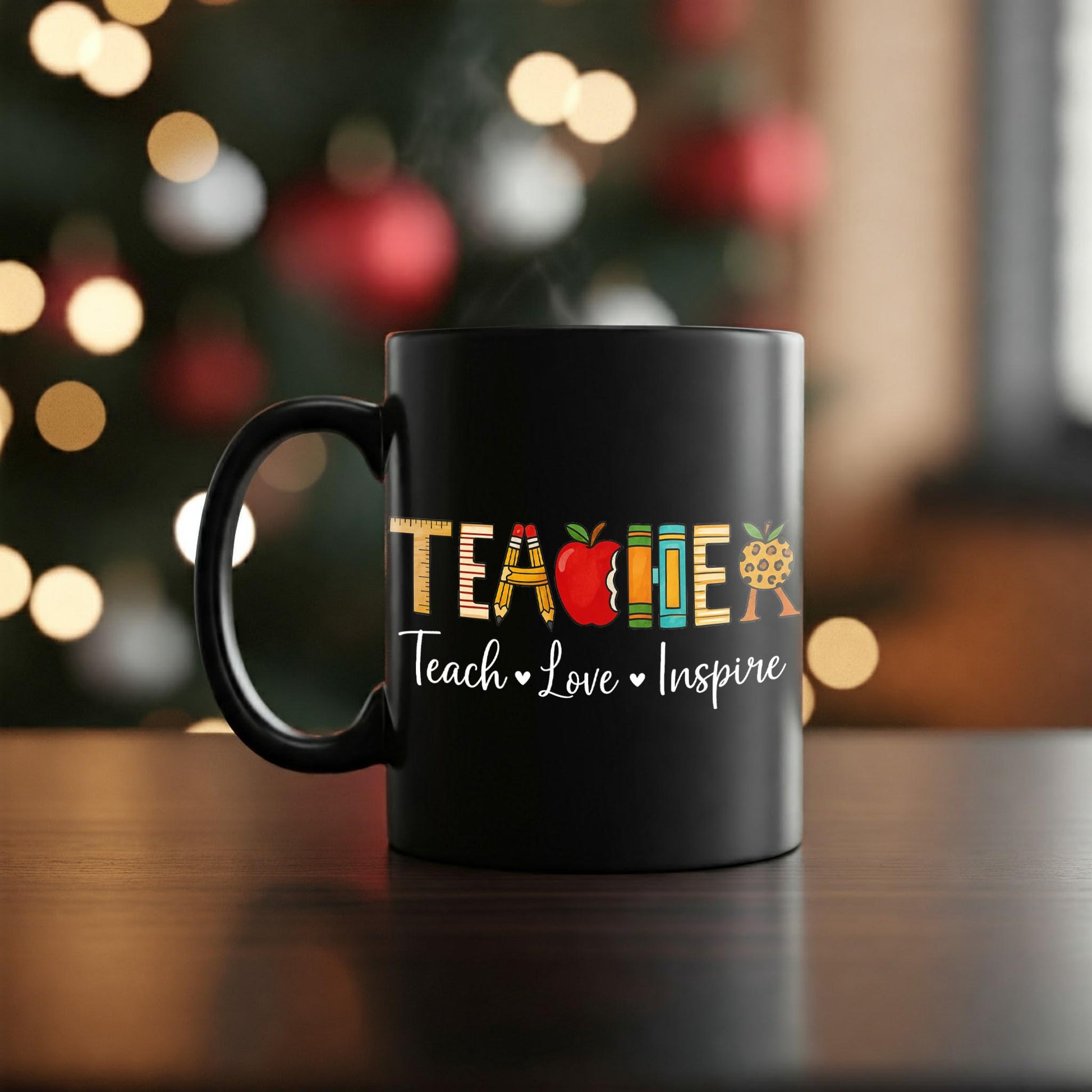 Teach Love Inspire Teacher Mug – Cute Black Coffee Cup for Educators – Teacher Appreciation Gift – School Staff Holiday Mug