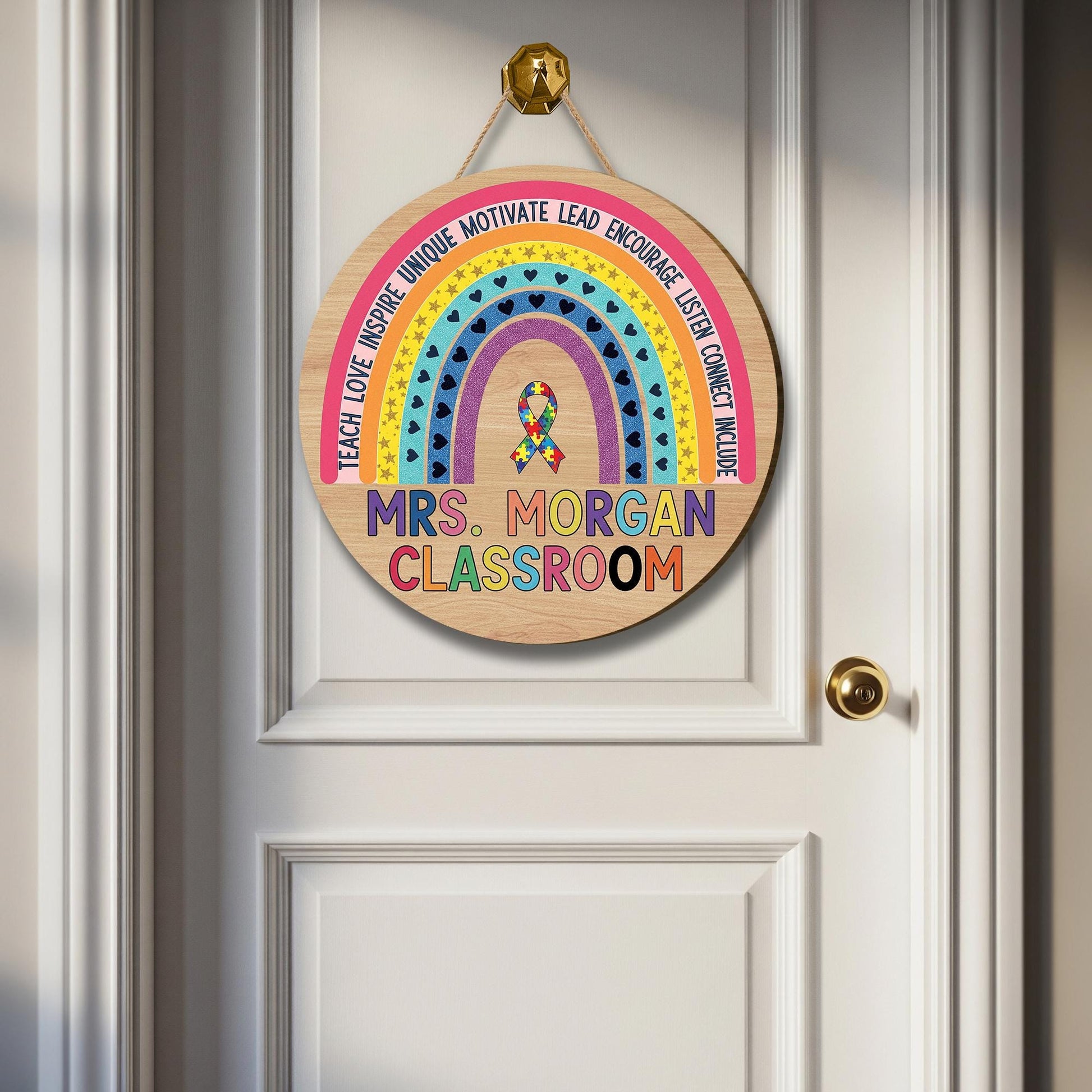Personalized Rainbow Classroom Door Sign – Custom Teacher Name, Motivational Words & Autism Ribbon, Inclusive Back to School Decor