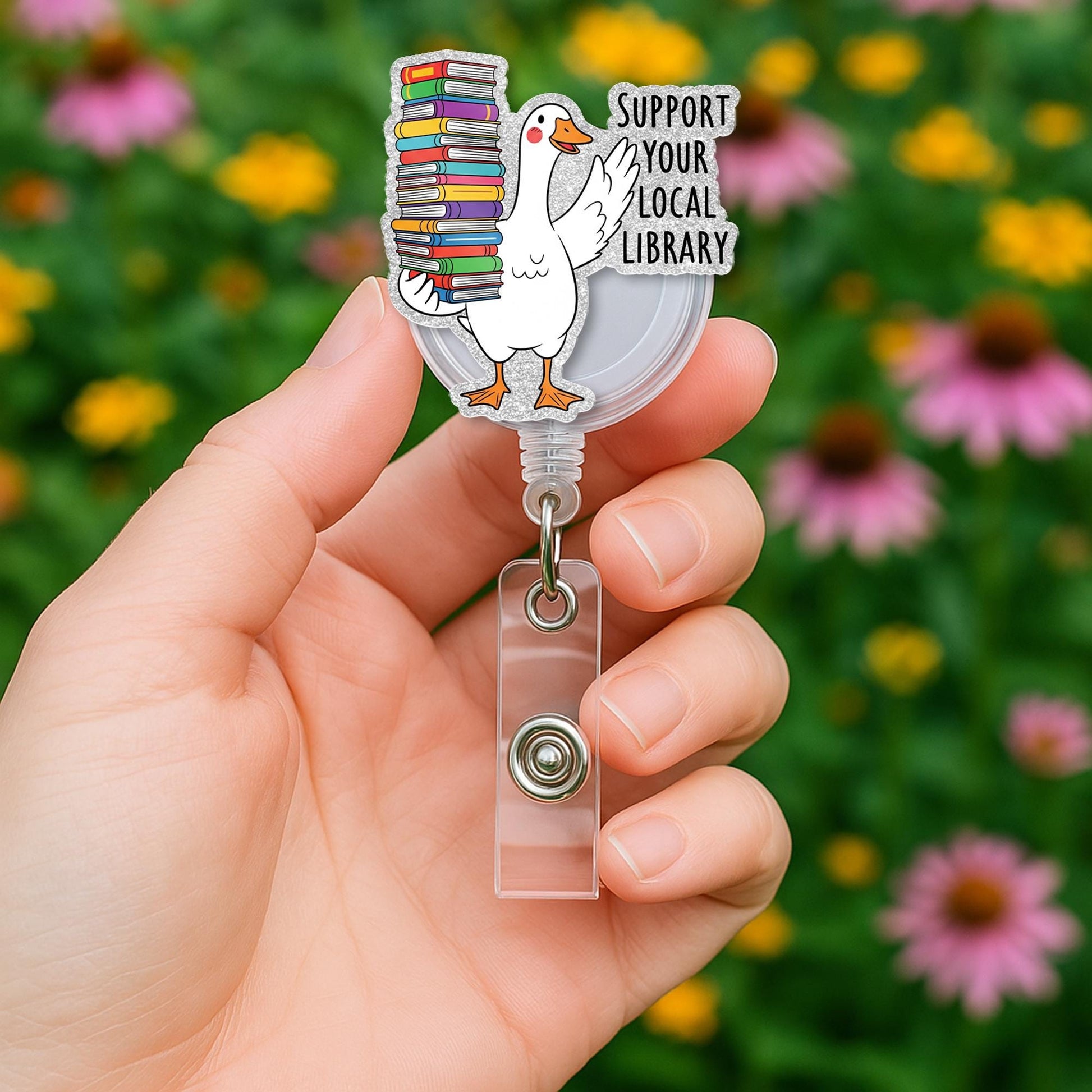 Support Your Local Library Goose Badge Reel – Funny Librarian Book ID Holder – Cute Bookish Gift for Teachers, Readers, Library Staff