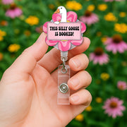 Funny Goose Badge Reel – “This Silly Goose Is Booked” Pink Flower Design, Cute ID Holder for Teachers, Librarians & Book Lovers, Educators