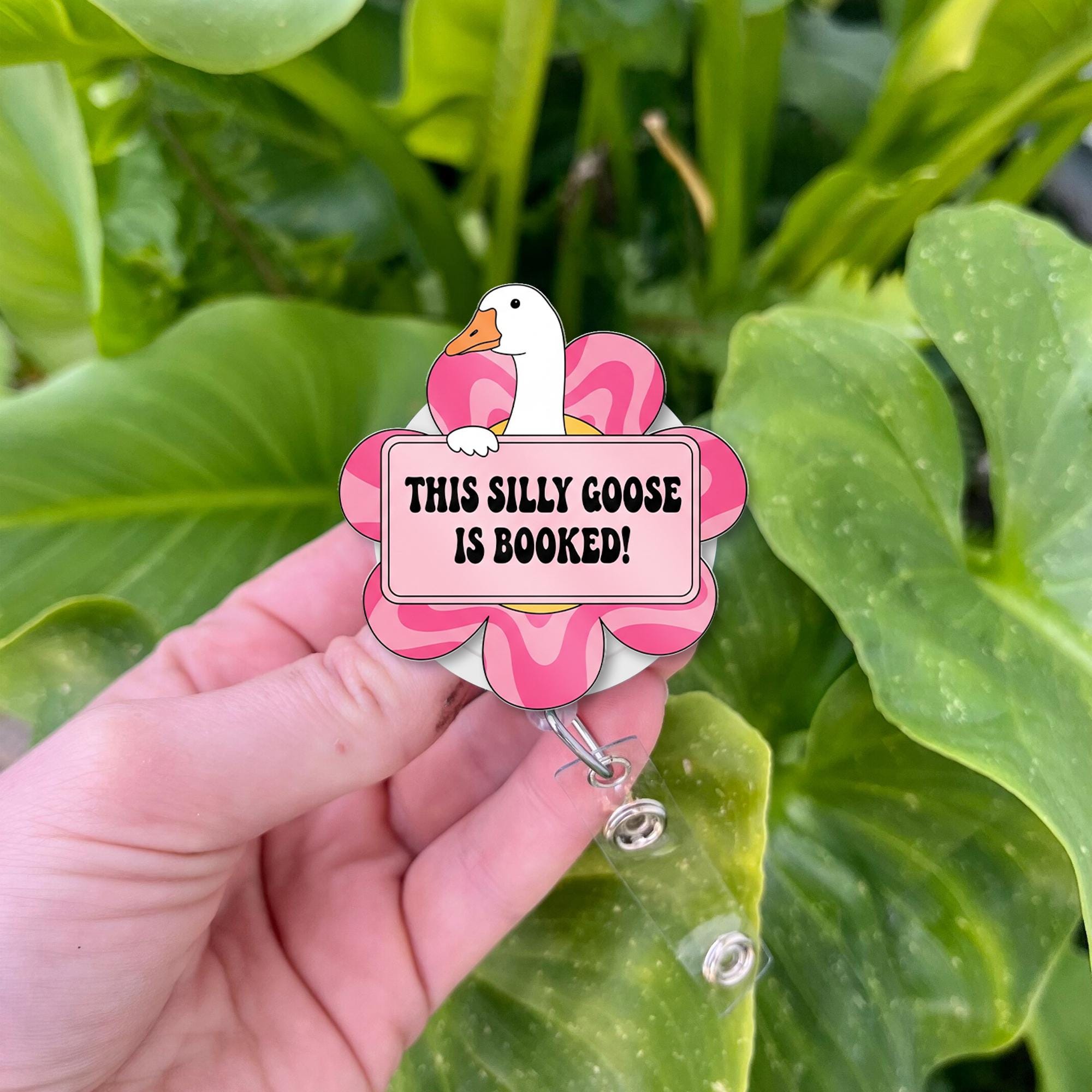 Funny Goose Badge Reel – “This Silly Goose Is Booked” Pink Flower Design, Cute ID Holder for Teachers, Librarians & Book Lovers, Educators