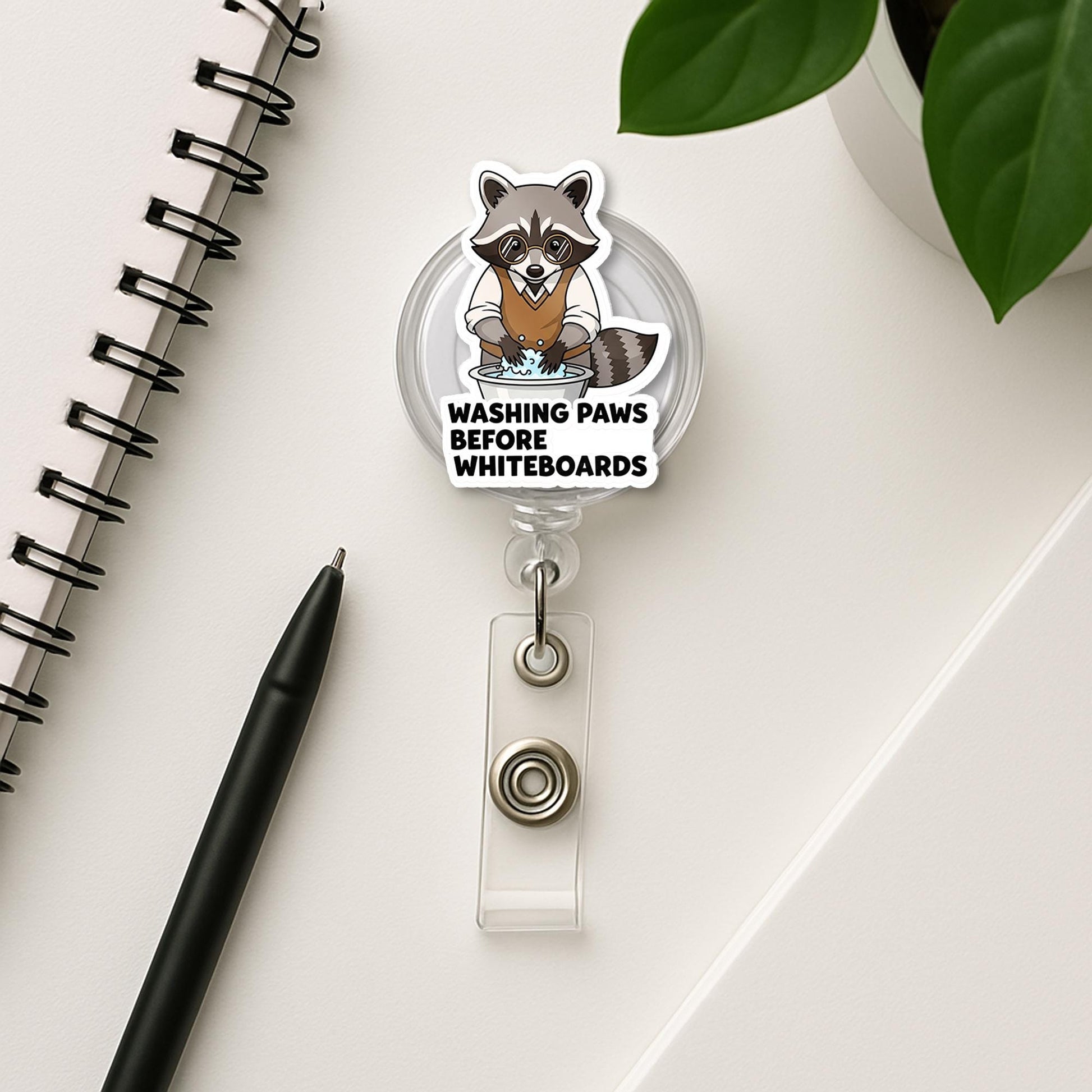 Funny Raccoon Teacher Badge Reel – “Washing Paws Before Whiteboards” ID Holder, Back to School Gift for Educators, Teachers, School Staffs