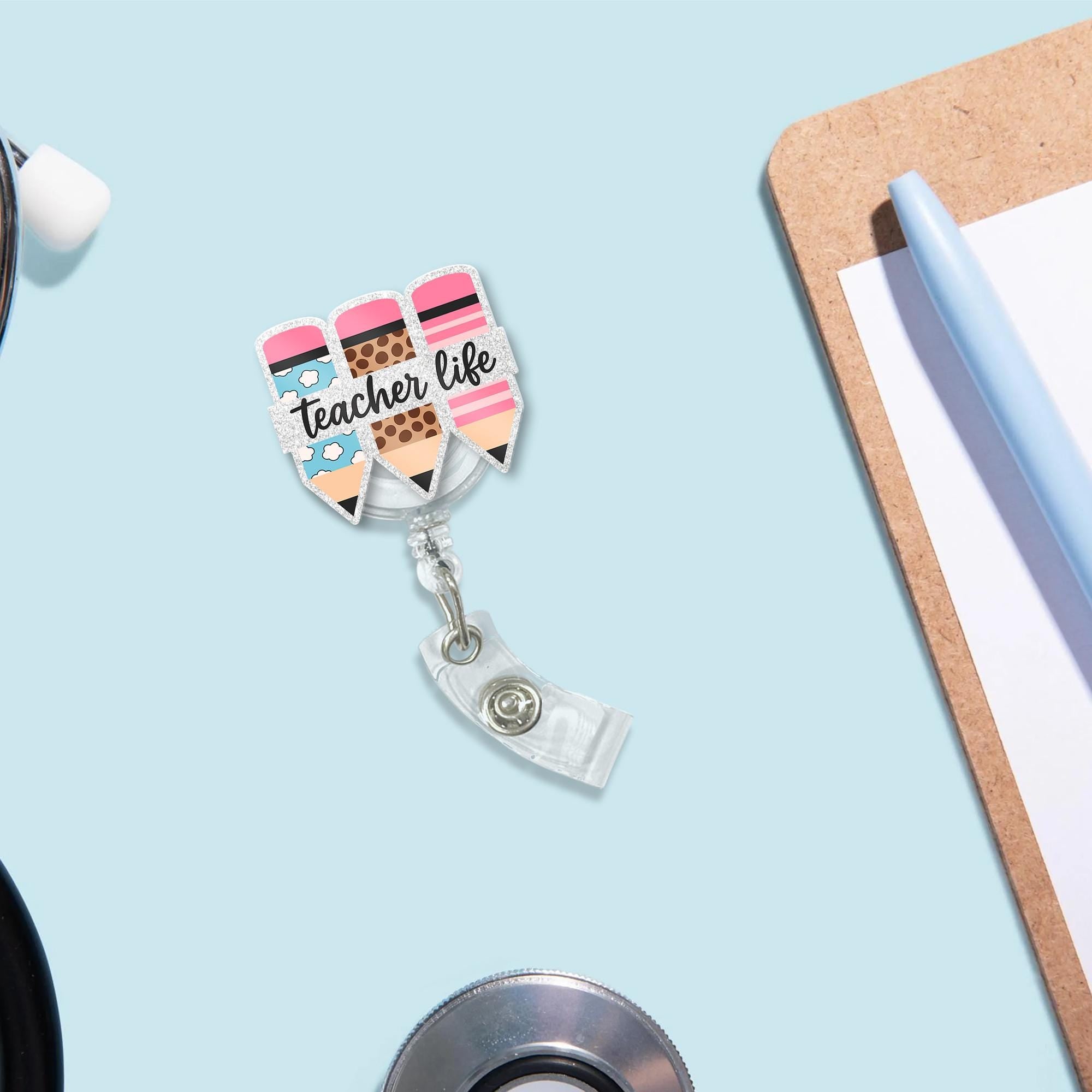 Teacher Life Pencil Badge Reel | Cute Retractable ID Clip for Teachers | Back to School Gift | Fun Teacher Name Holder