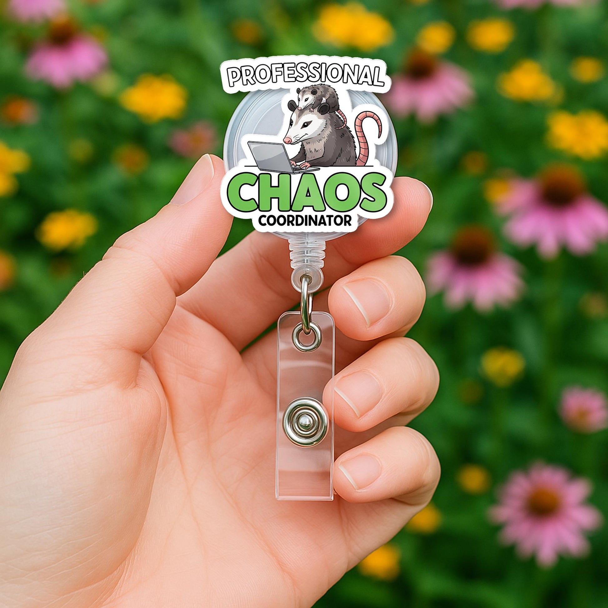Professional Chaos Coordinator Badge Reel – Funny Possum Design ID Holder, Cute Clip for Teachers, Nurses & Office Staffs, Educators
