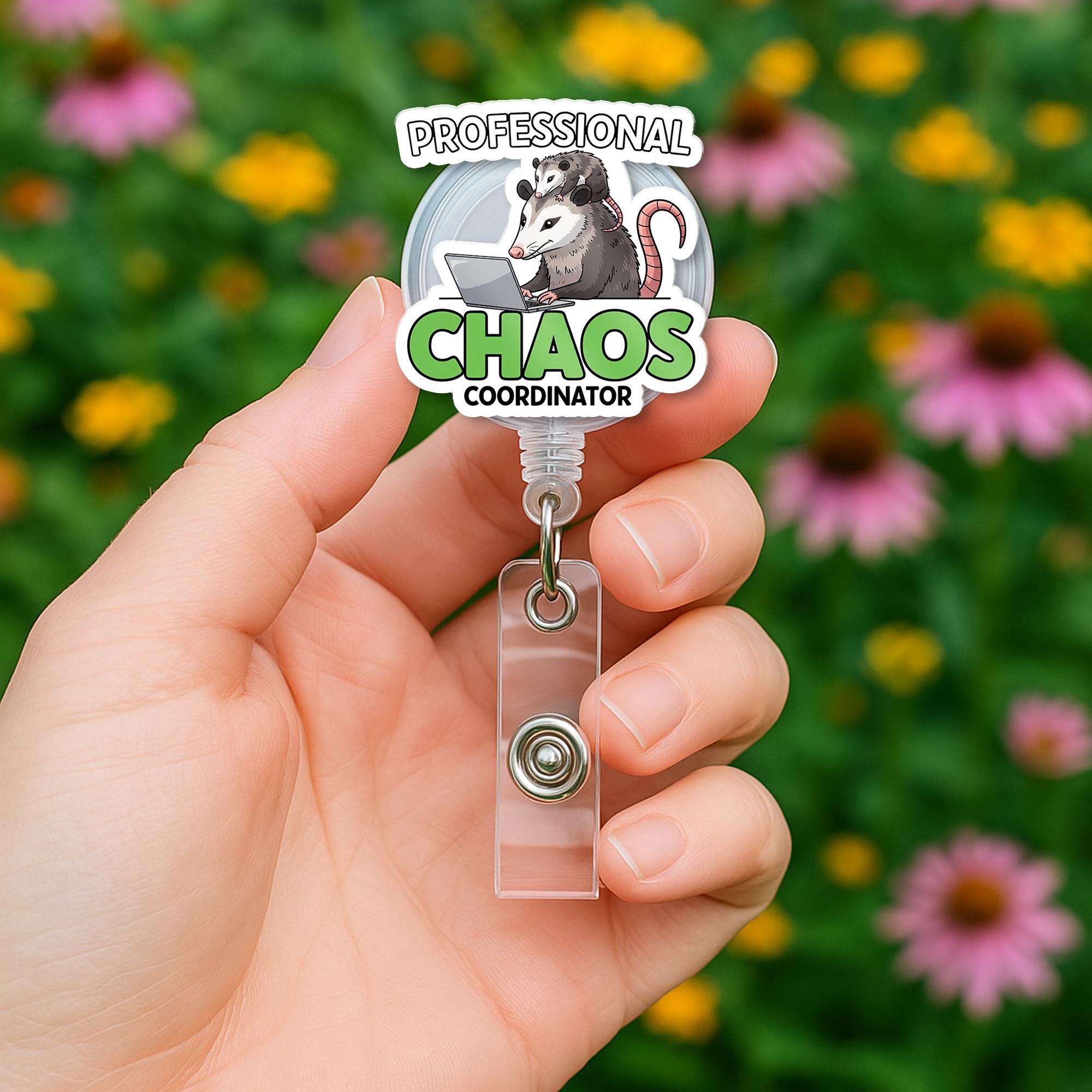 Professional Chaos Coordinator Badge Reel – Funny Possum Design ID Holder, Cute Clip for Teachers, Nurses & Office Staffs, Educators