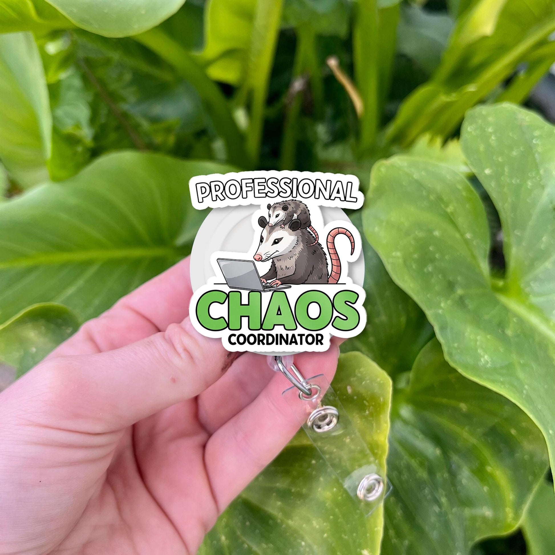 Professional Chaos Coordinator Badge Reel – Funny Possum Design ID Holder, Cute Clip for Teachers, Nurses & Office Staffs, Educators