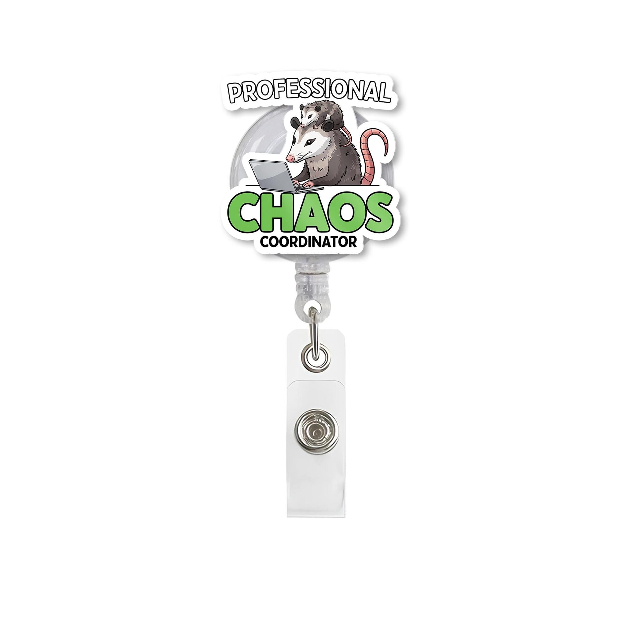 Professional Chaos Coordinator Badge Reel – Funny Possum Design ID Holder, Cute Clip for Teachers, Nurses & Office Staffs, Educators