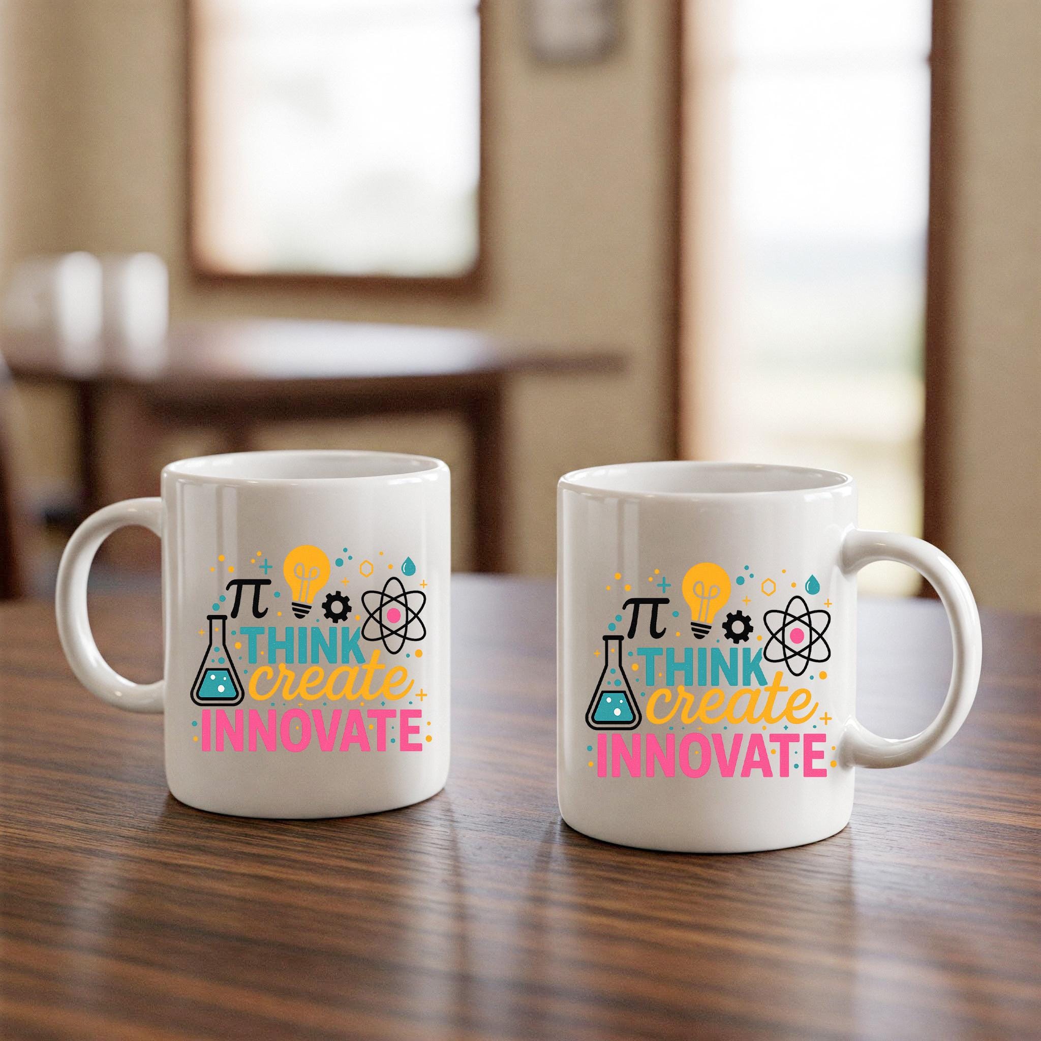 Think Create Innovate Teacher Mug | STEM Science Math Mug | Back to School Gift for Teachers | Inspirational Classroom Coffee Cup
