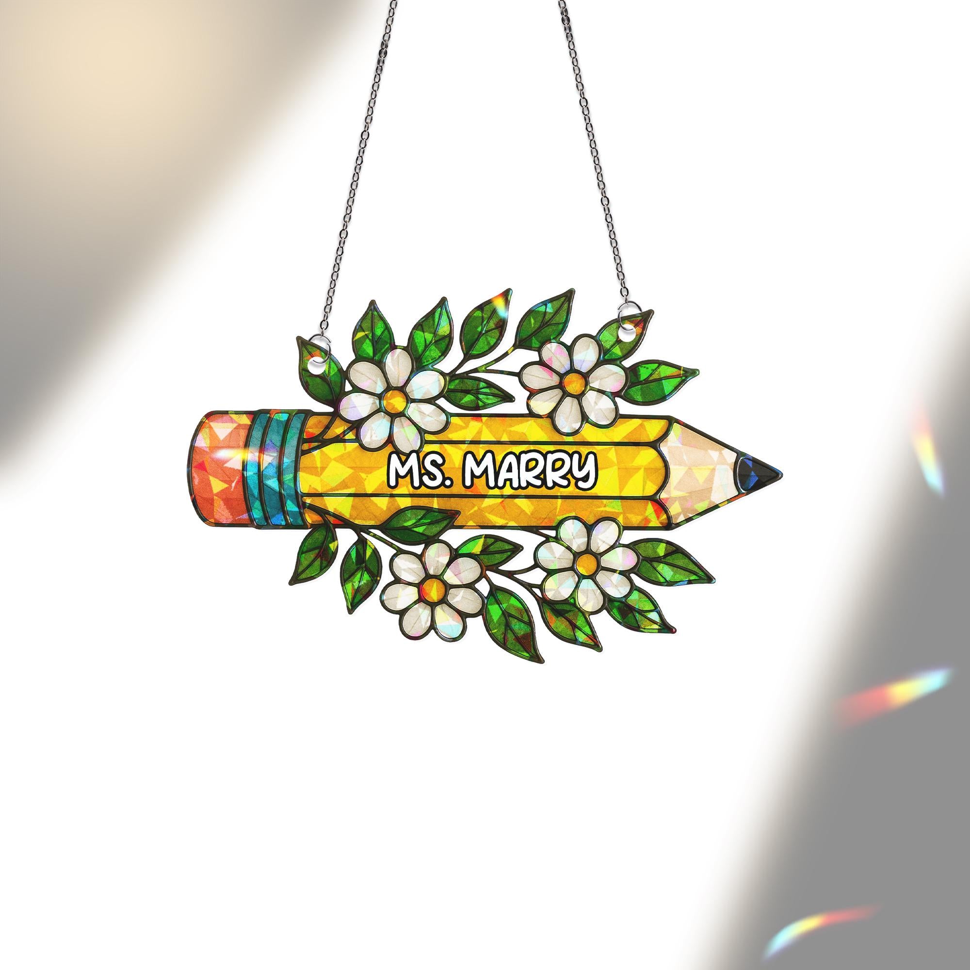 Custom Teacher Name Pencil Acrylic Window Hanging | Back to School Teacher Gift | Floral Classroom Decor | Personalized Sign