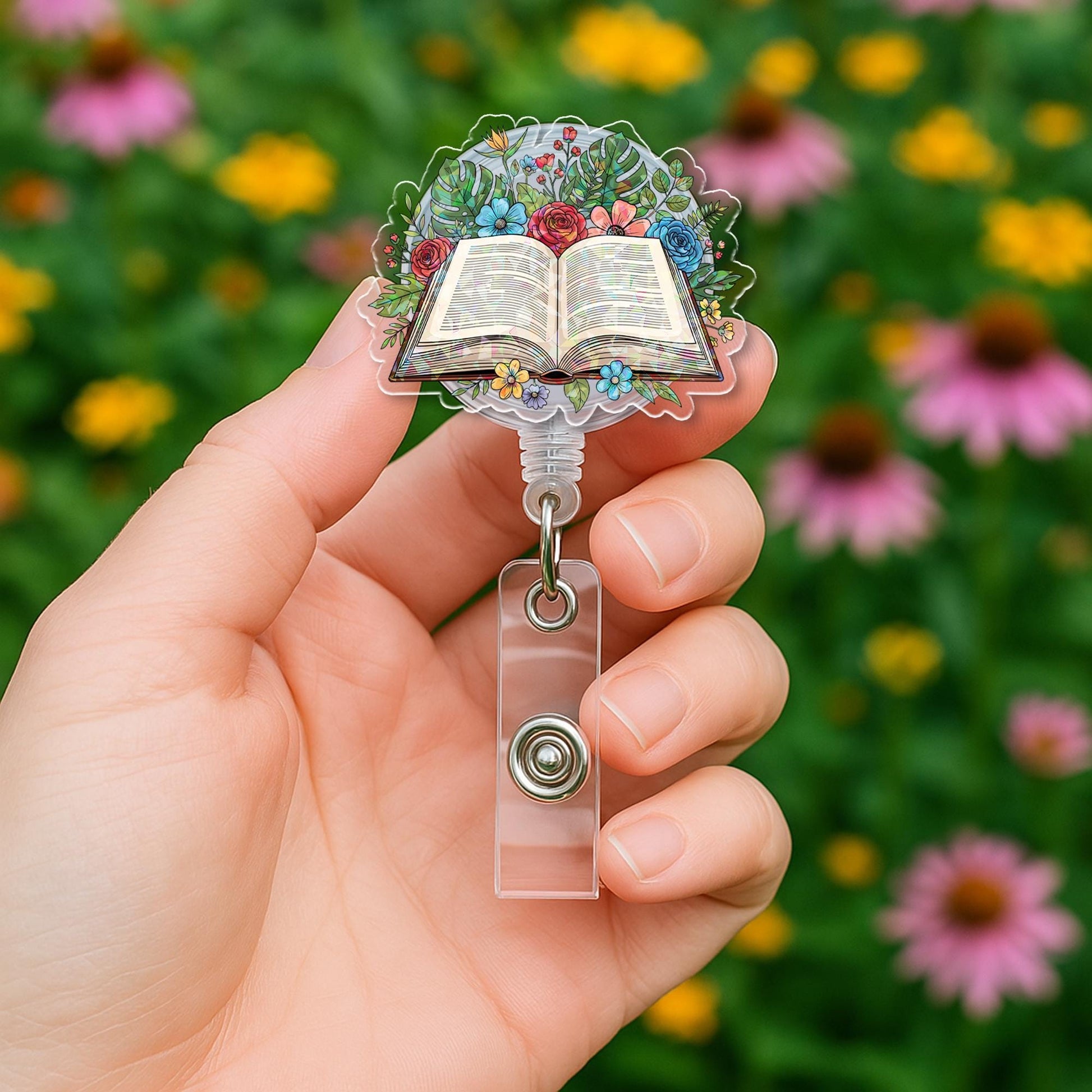 Floral Book Badge Reel | Book Lover Teacher ID Holder | Retractable Badge Clip | Librarian Gift | Back to School Teacher Accessory