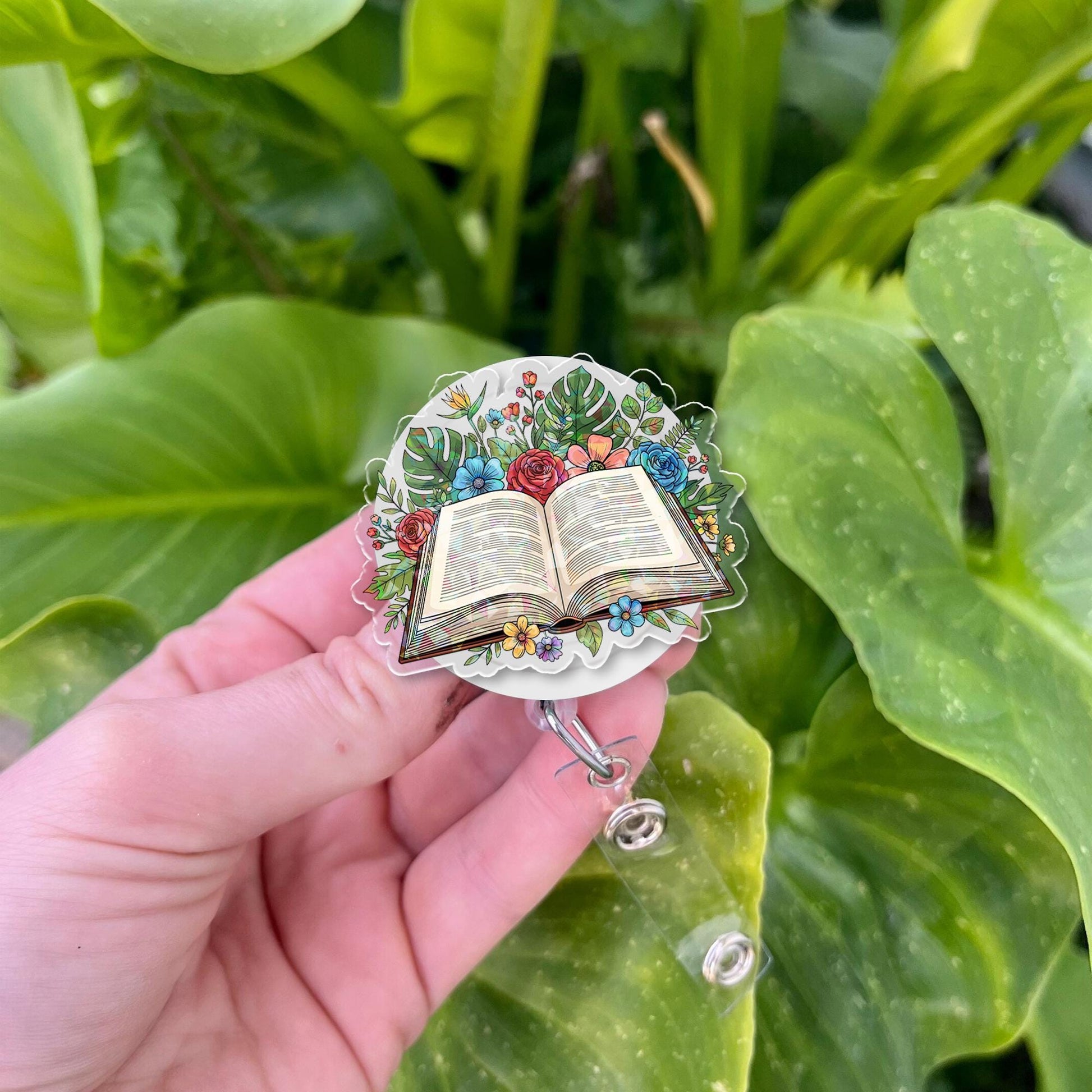 Floral Book Badge Reel | Book Lover Teacher ID Holder | Retractable Badge Clip | Librarian Gift | Back to School Teacher Accessory