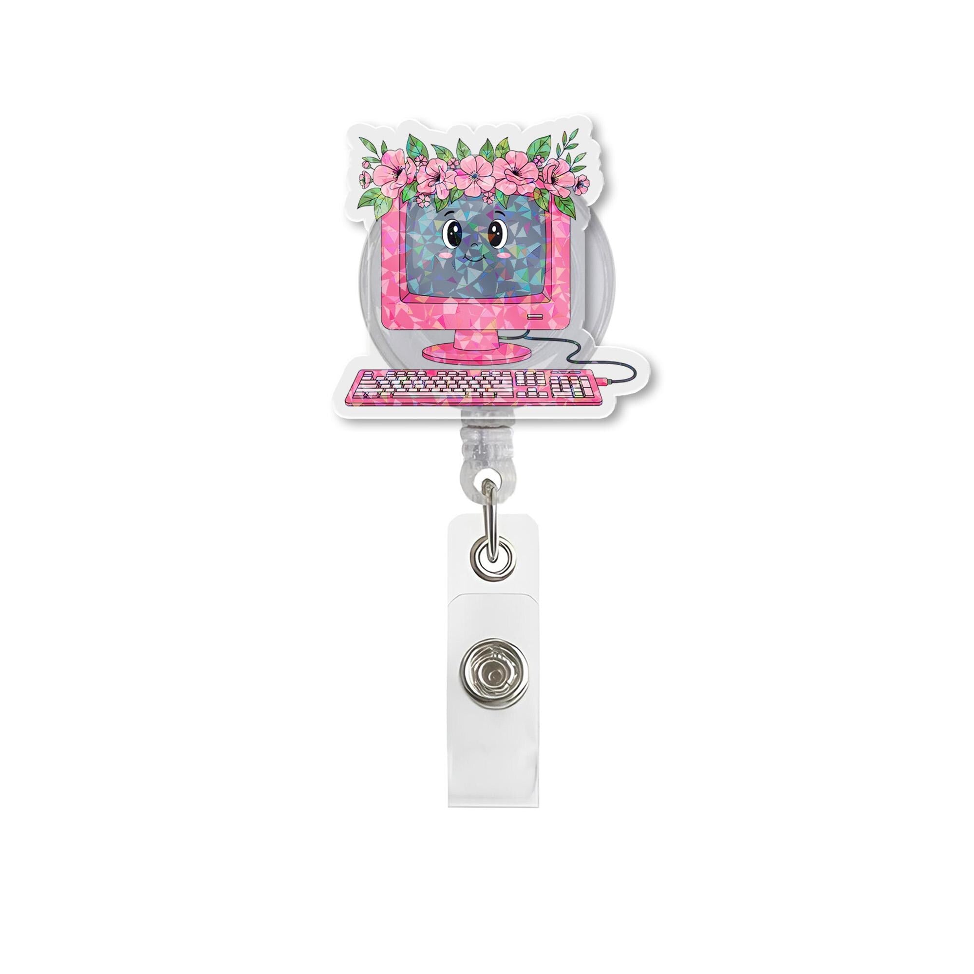 Cute Pink Computer Badge Reel | Floral Monitor ID Holder | Retro Tech Clip for Teachers, Nurses & IT Staff | Fun Office Gift