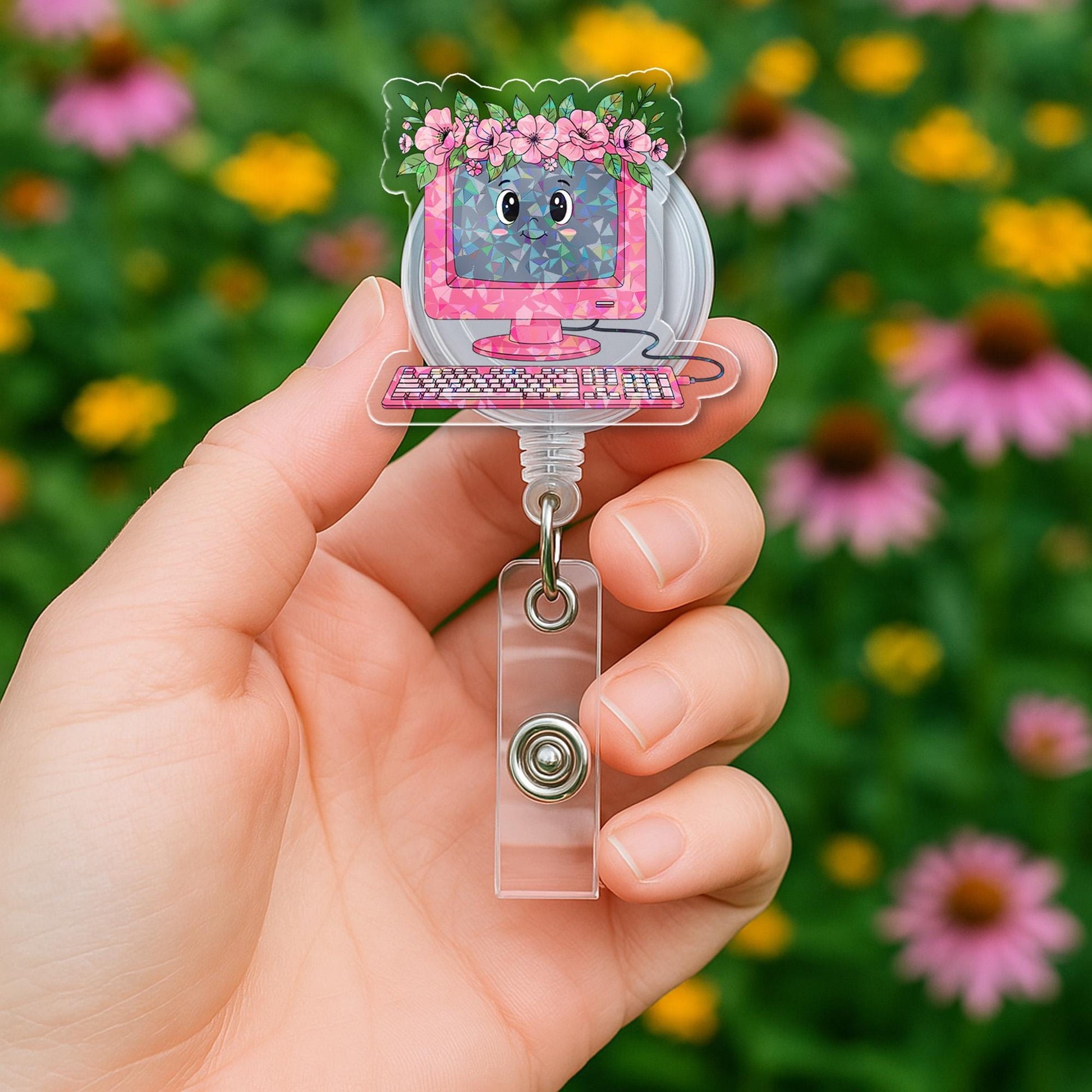 Cute Pink Computer Badge Reel | Floral Monitor ID Holder | Retro Tech Clip for Teachers, Nurses & IT Staff | Fun Office Gift