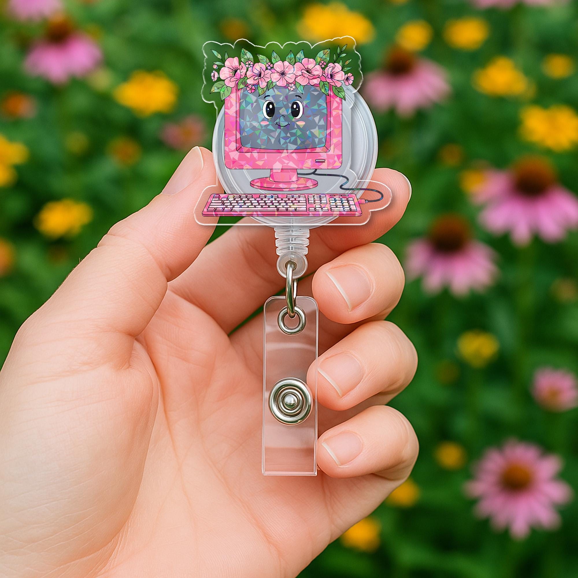 Cute Pink Computer Badge Reel | Floral Monitor ID Holder | Retro Tech Clip for Teachers, Nurses & IT Staff | Fun Office Gift