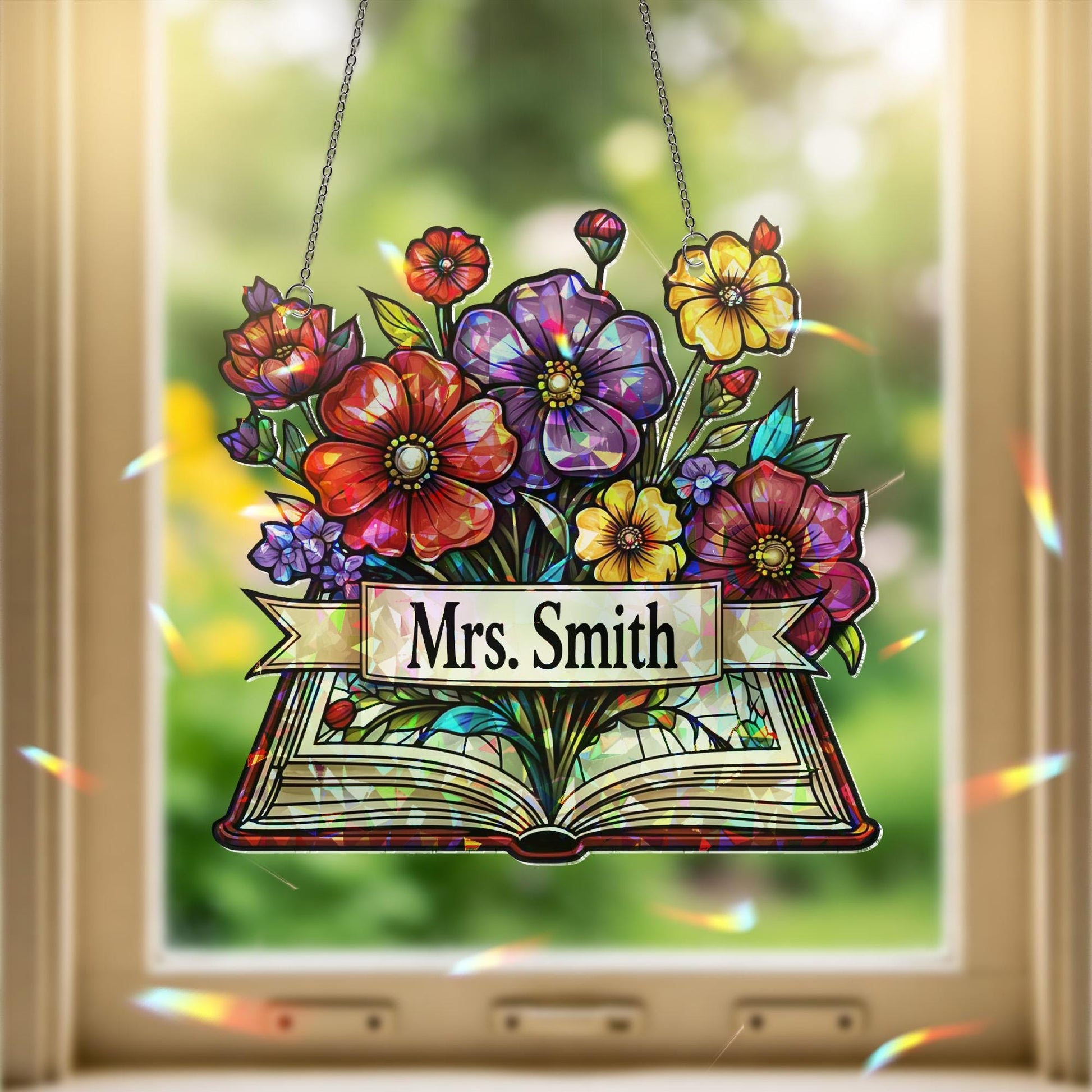 Custom Name Acrylic Window Hanging | Teacher Floral Book Sign | Personalized Classroom Decor Gift for Back to School