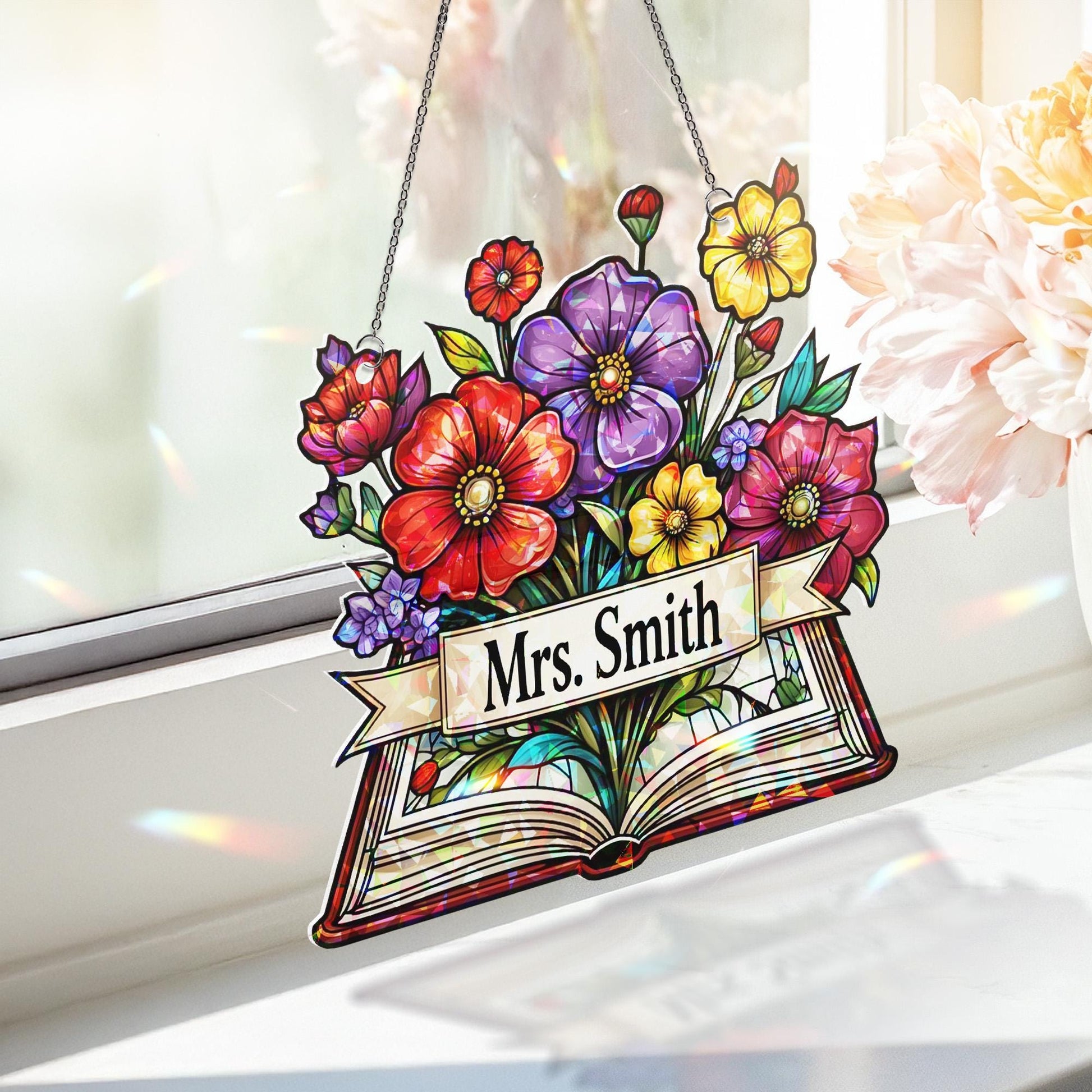Custom Name Acrylic Window Hanging | Teacher Floral Book Sign | Personalized Classroom Decor Gift for Back to School