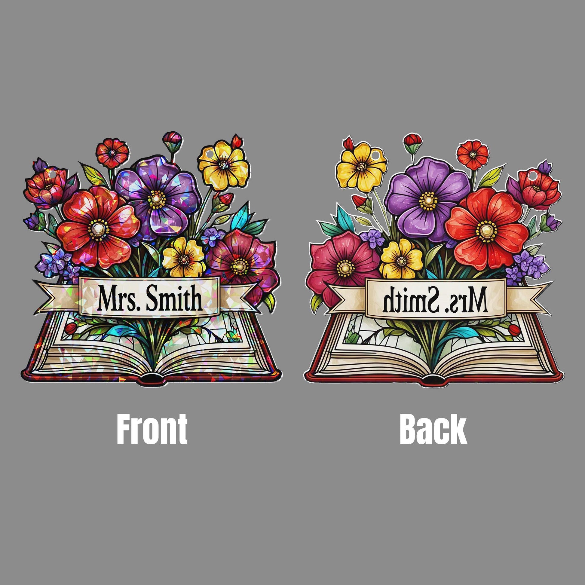 Custom Name Acrylic Window Hanging | Teacher Floral Book Sign | Personalized Classroom Decor Gift for Back to School