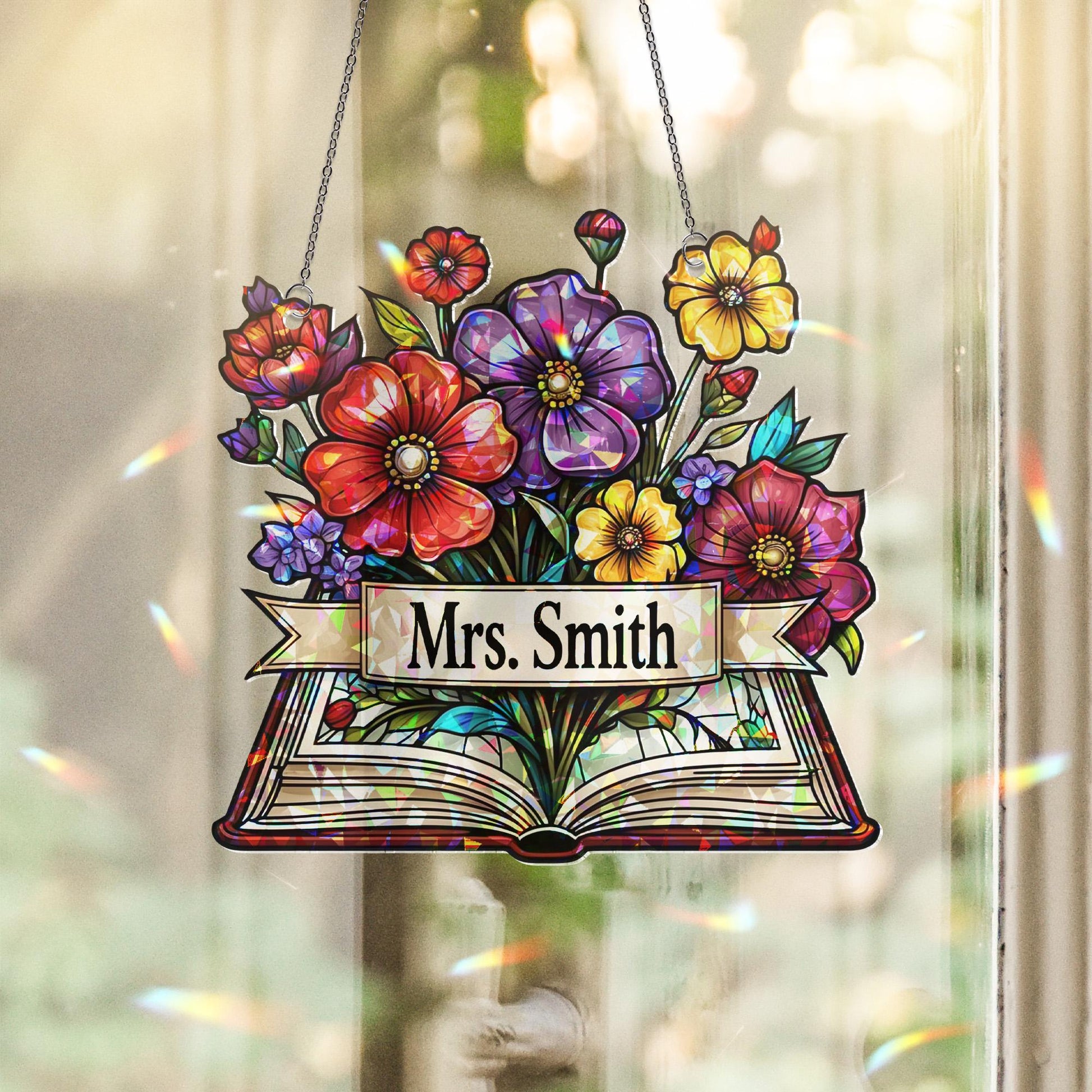 Custom Name Acrylic Window Hanging | Teacher Floral Book Sign | Personalized Classroom Decor Gift for Back to School